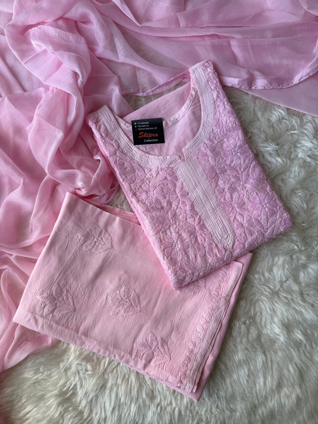 Chanderi Silk Chikankari Kurti Pant Dupatta Set