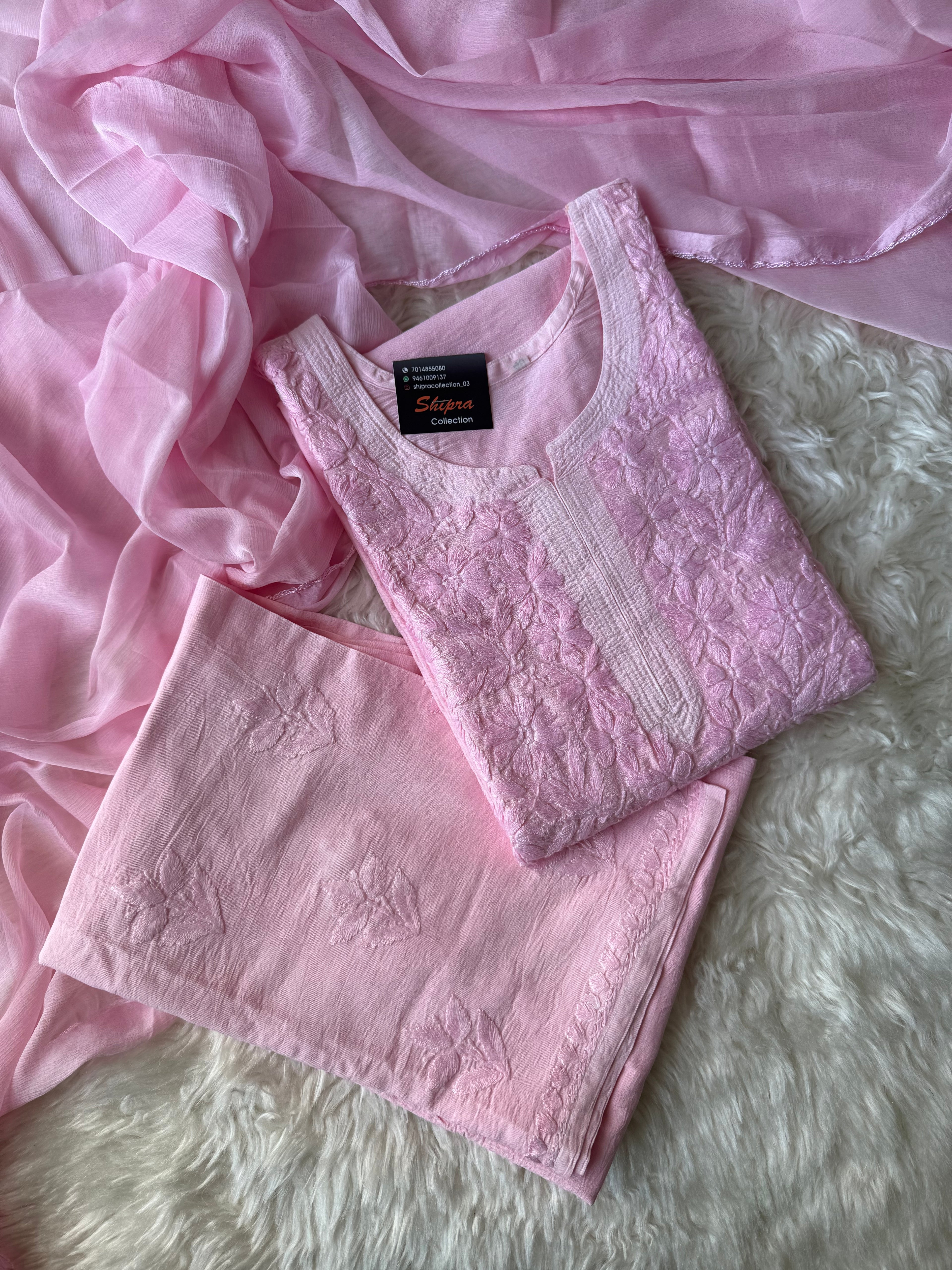 Chanderi Silk Chikankari Kurti Pant Dupatta Set
