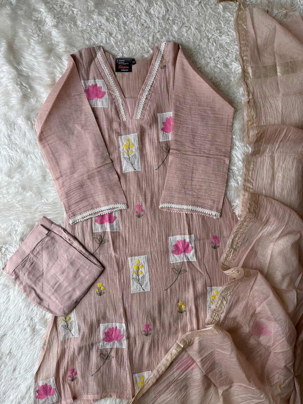 Pure Mul Chanderi Kurti Pant Dupatta Set
