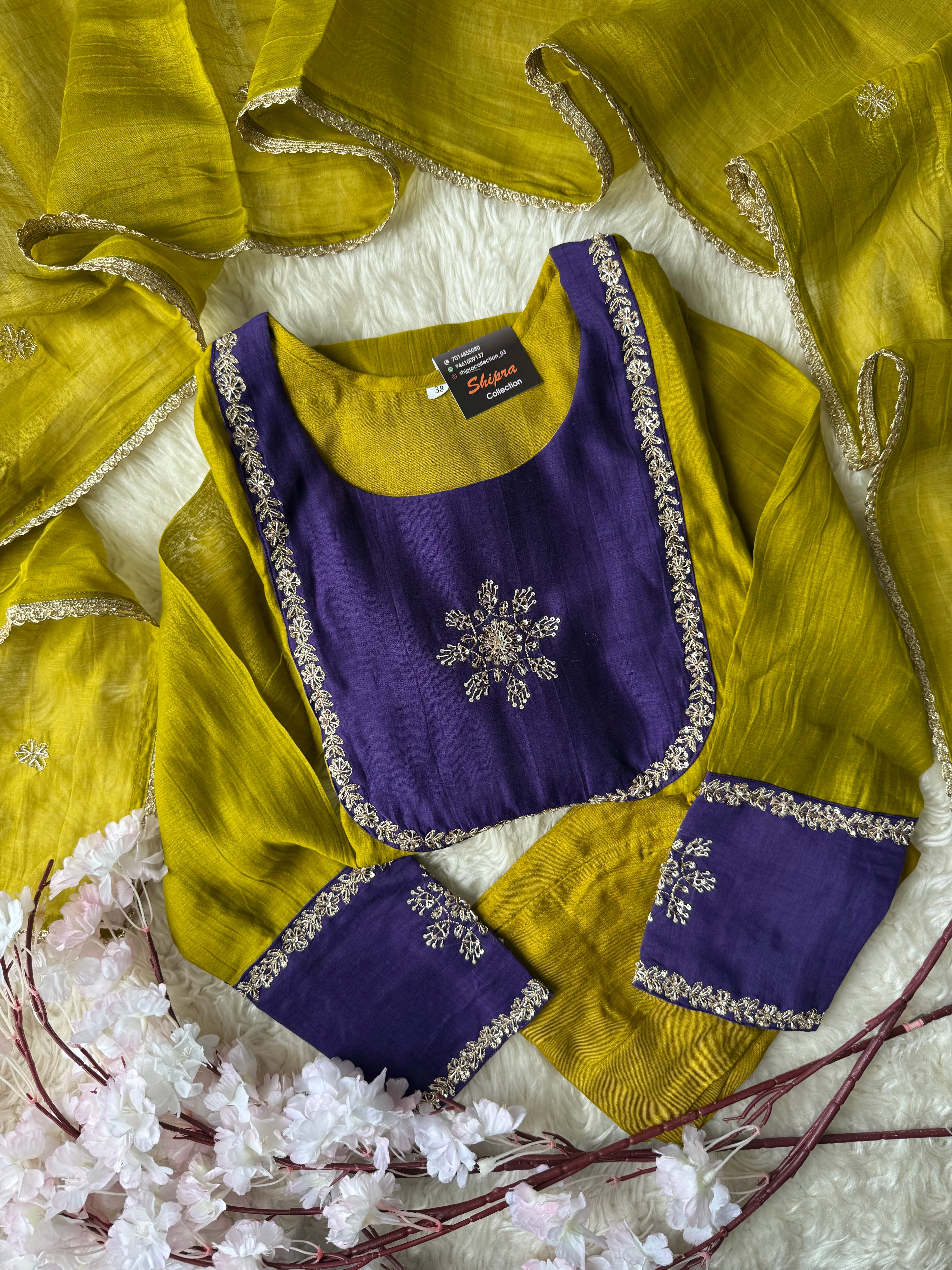 Pure Mul Chanderi Kurti Pant Dupatta Set