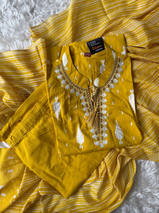 Pure Cotton Kurti Pant Dupatta Set
