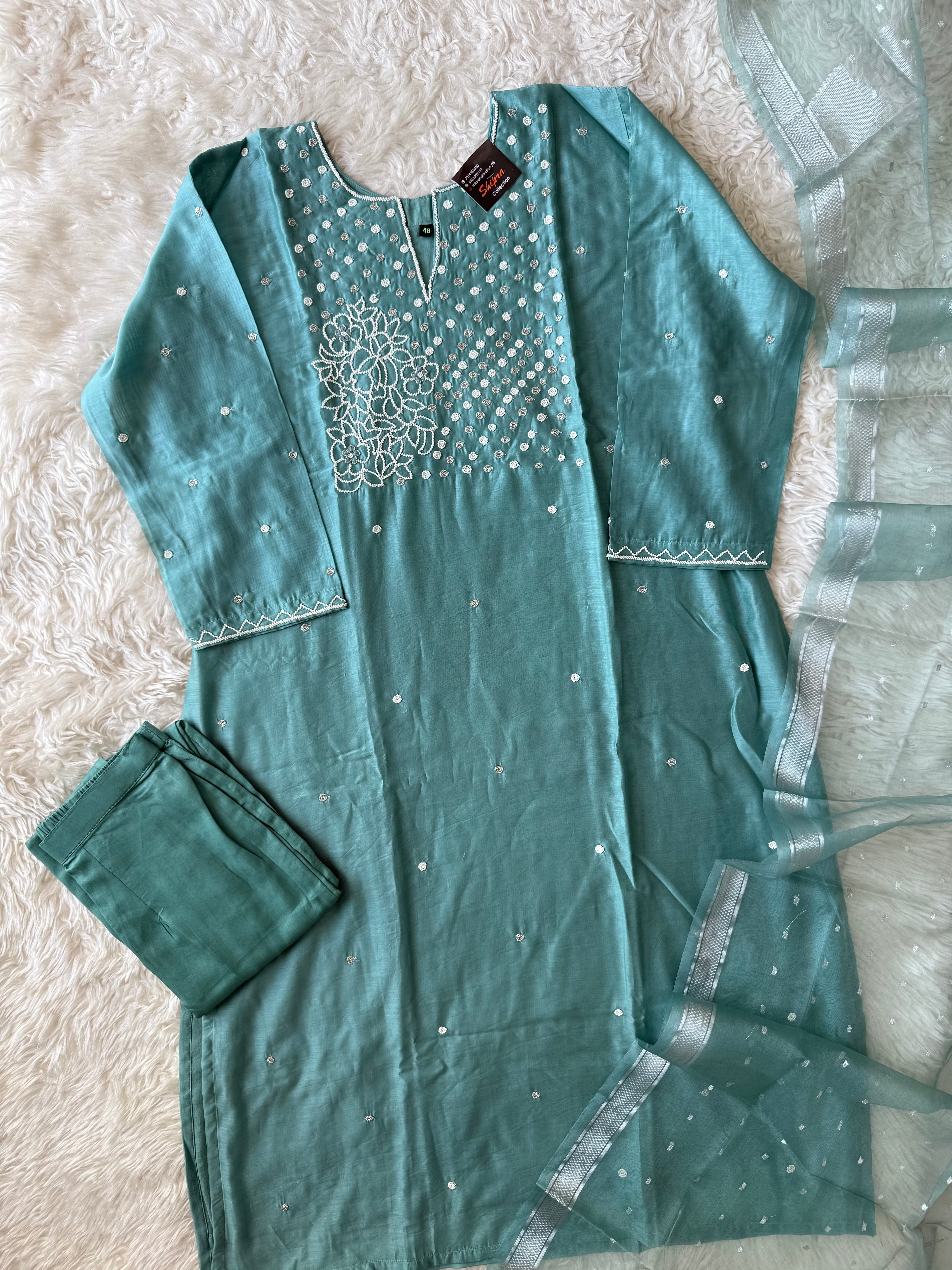 “Plus Size” Pure Chanderi Silk Kurti Pant Dupatta Set
