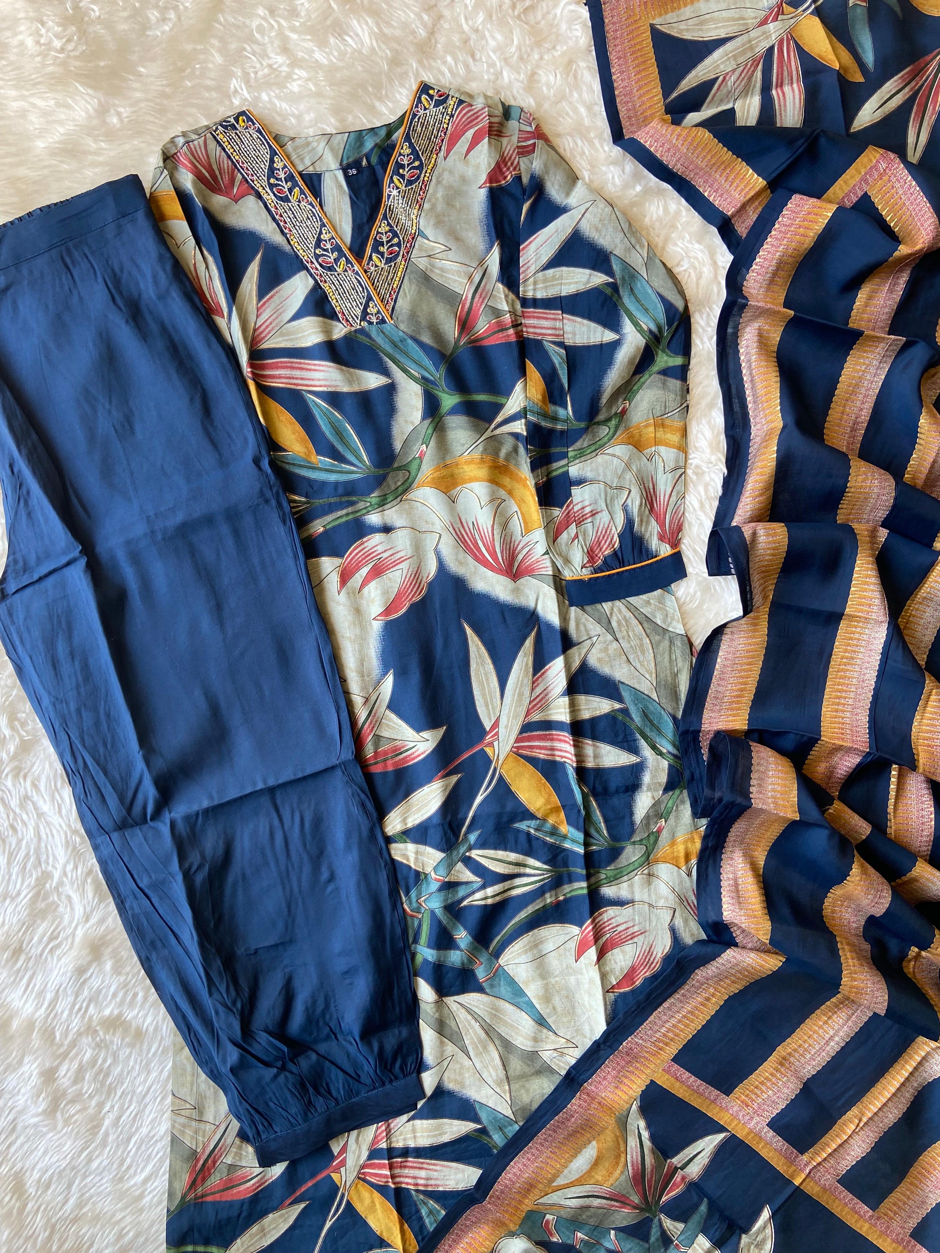 Muslin Silk Kurti Afghani Pant Dupatta Set