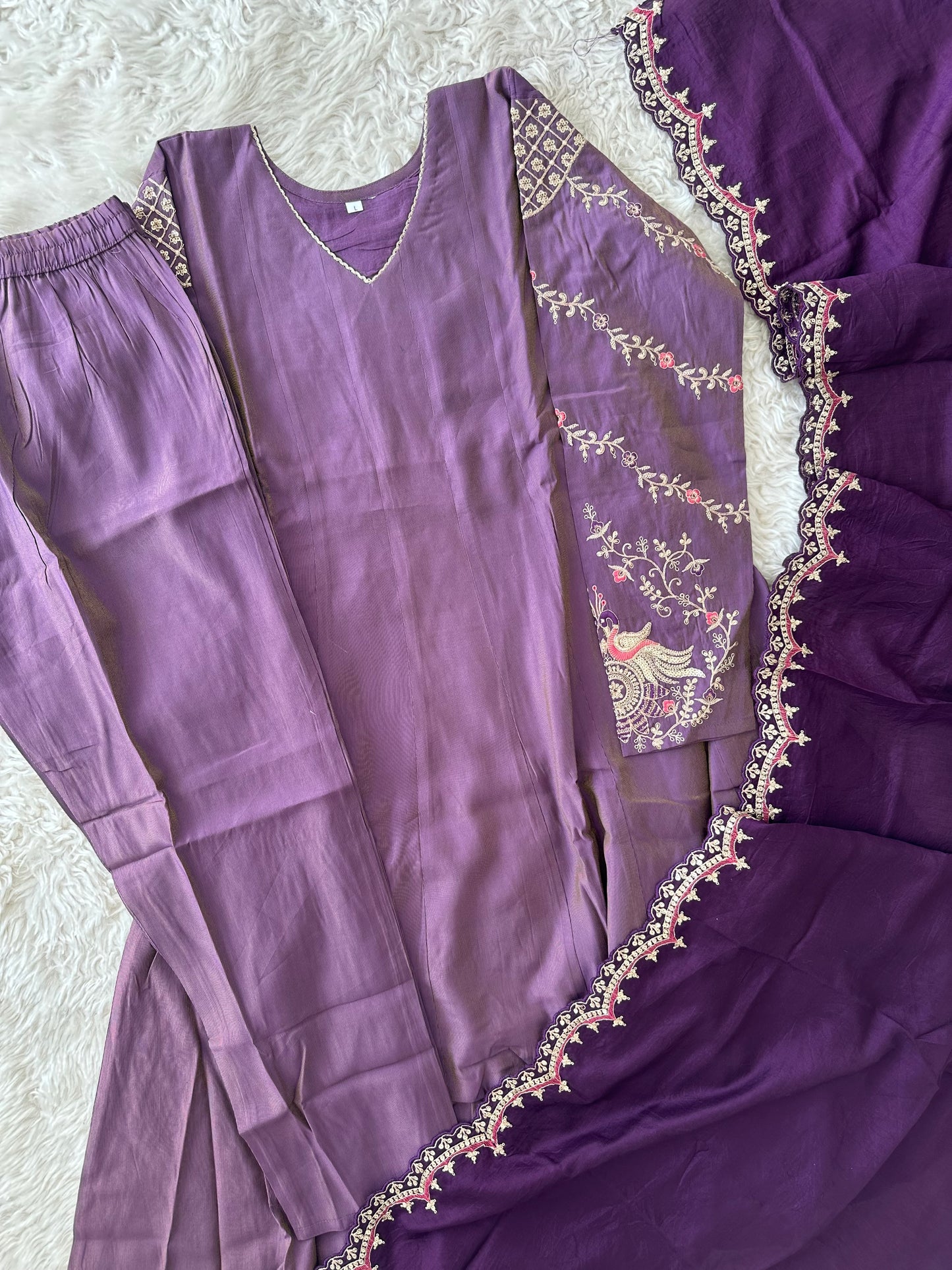 Pure Muslin Silk Flare Kurti Pant Dupatta Set