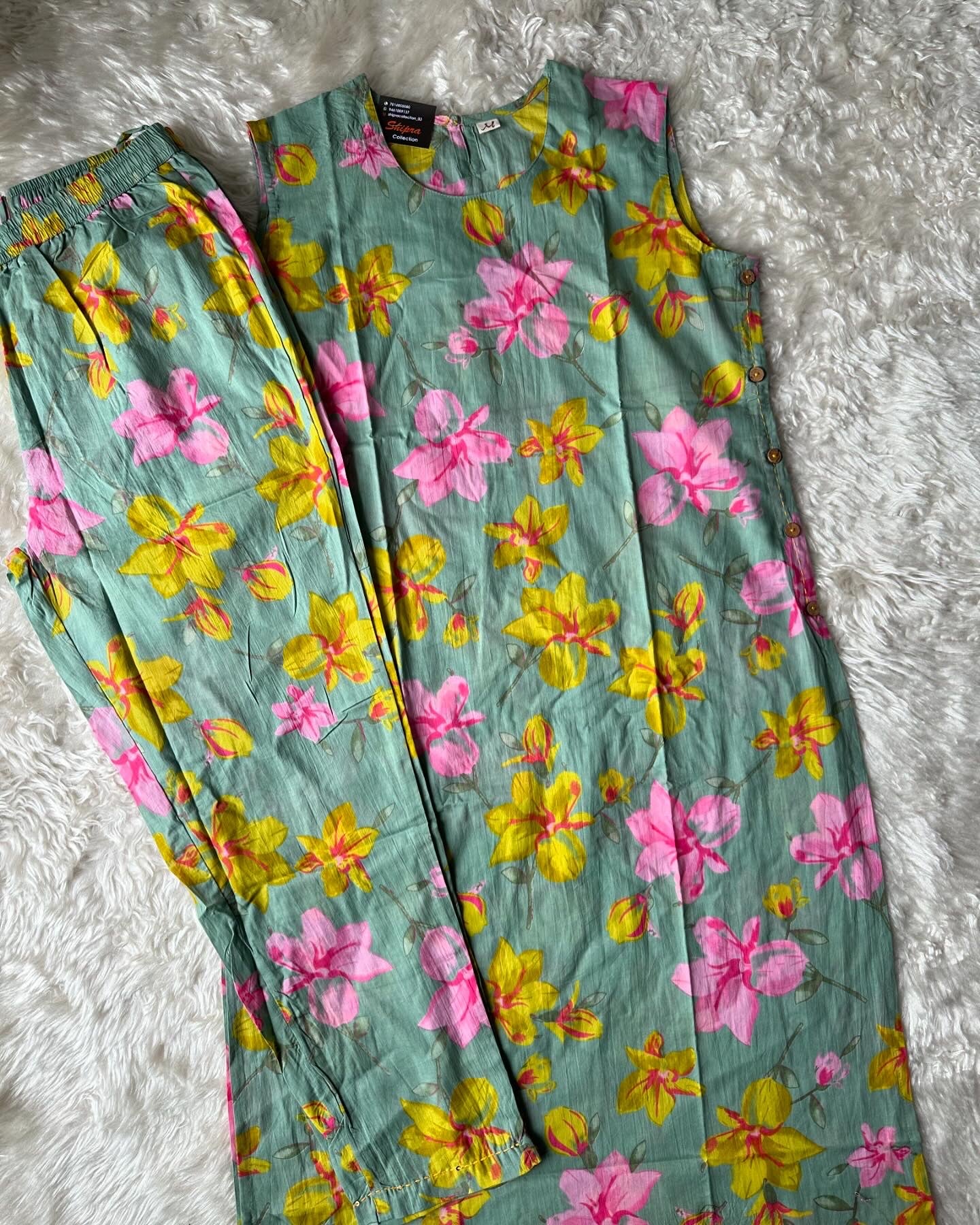 Pure Cotton Sleeveless Kurti Pant Set