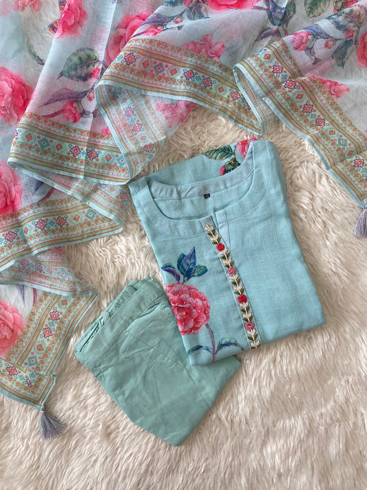 Linen Kurti Pant Dupatta Set