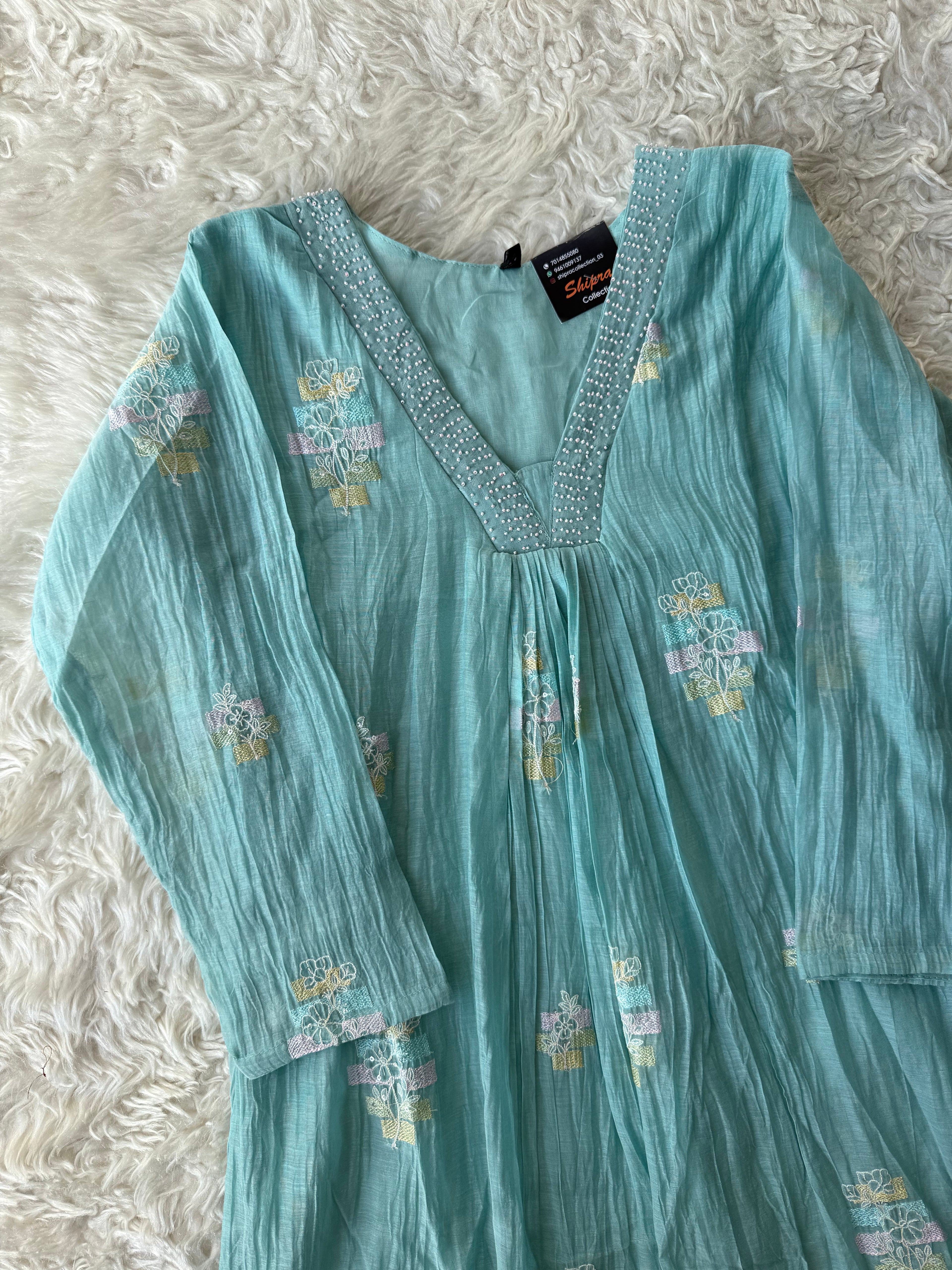 Pure Mul Chanderi Kurti Pant Dupatta Set