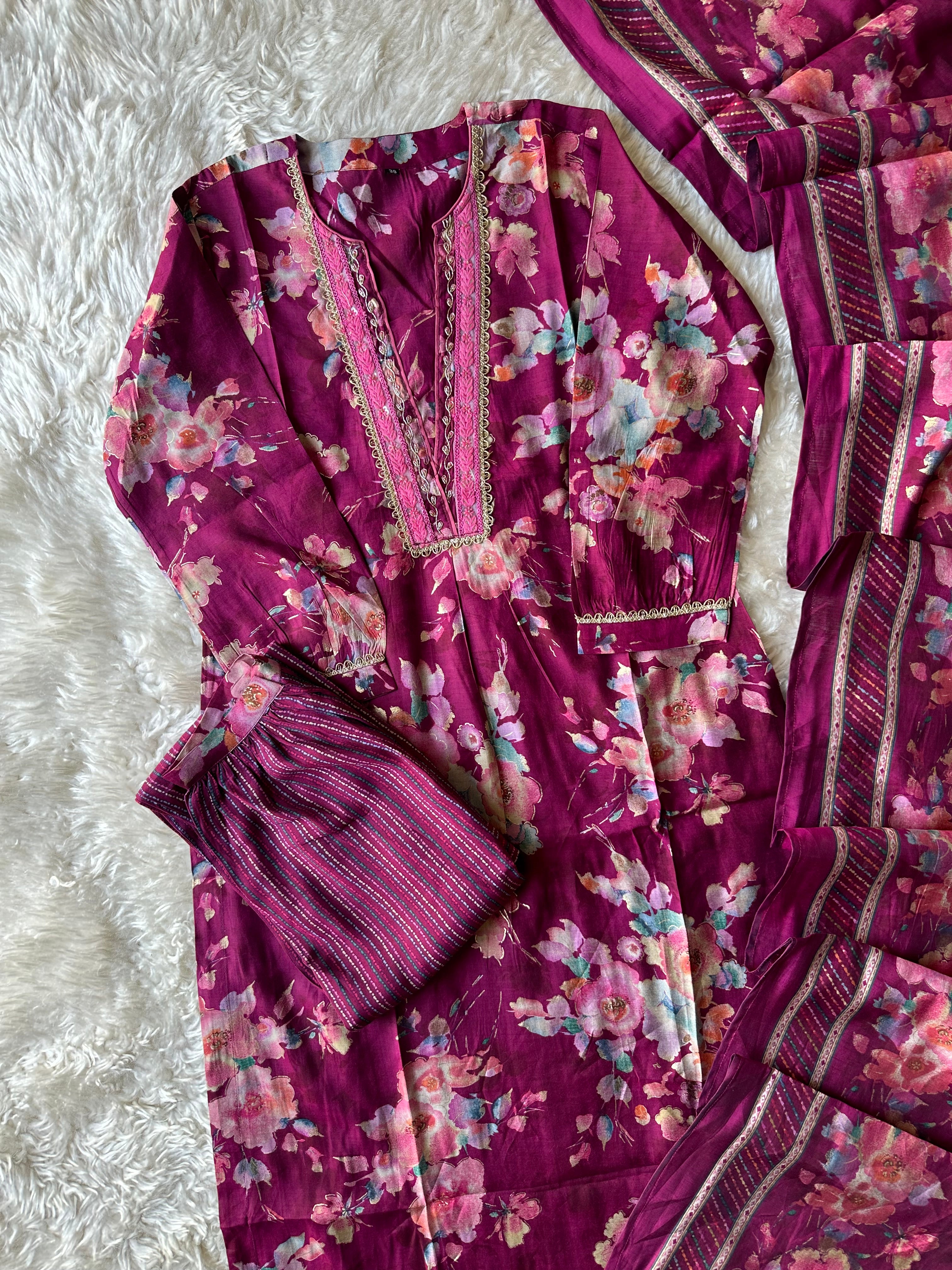 Pure Muslin Silk Kurti Afghani Pant Dupatta Set