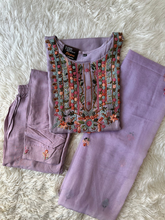 Pure Silk Embroidery Kurti Pant Dupatta Set