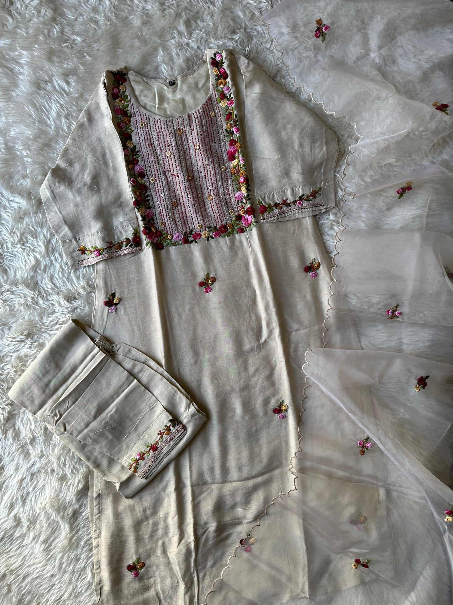 Pure Silk Embroidery Kurti Pant Dupatta Set