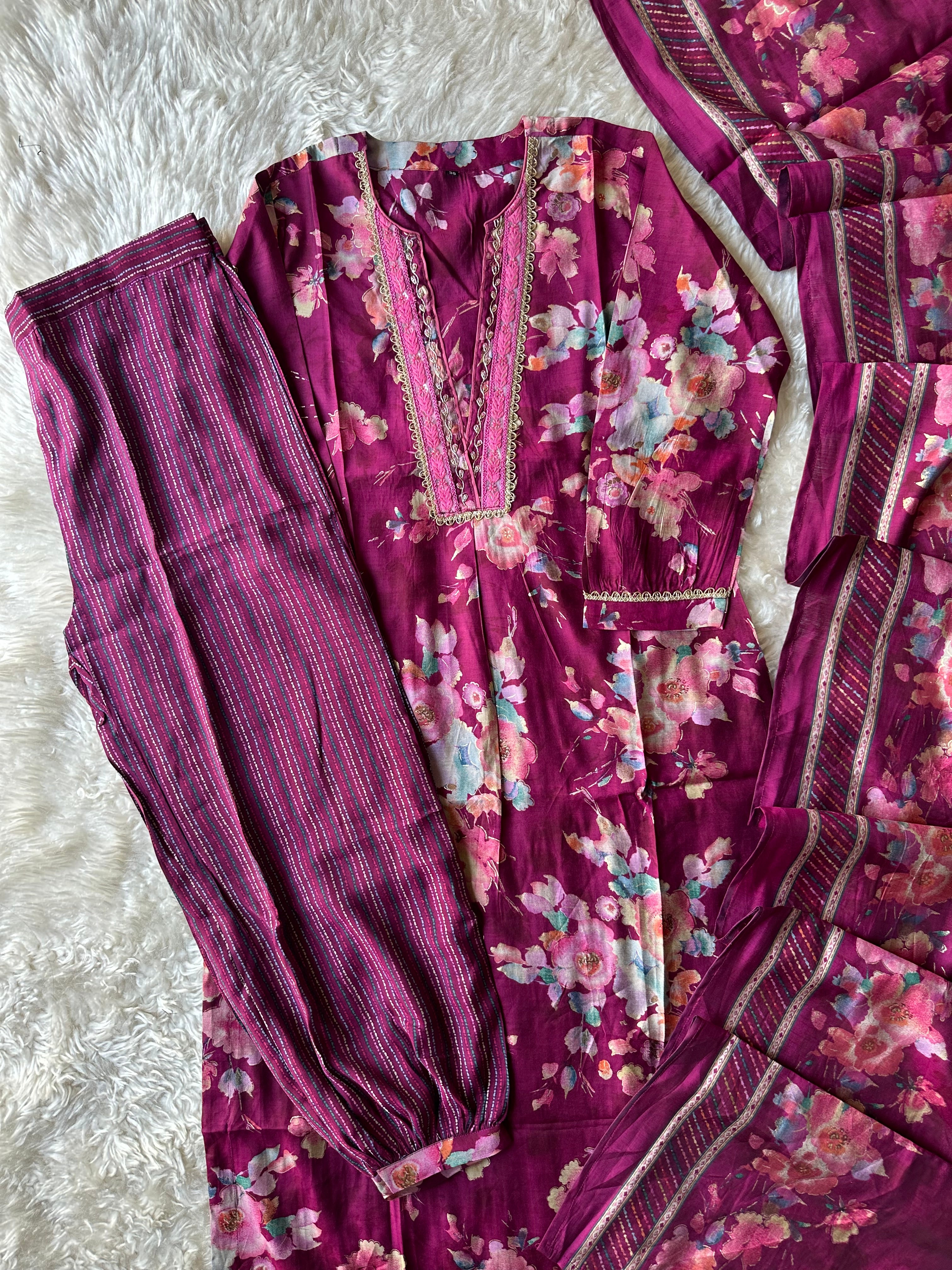 Pure Muslin Silk Kurti Afghani Pant Dupatta Set