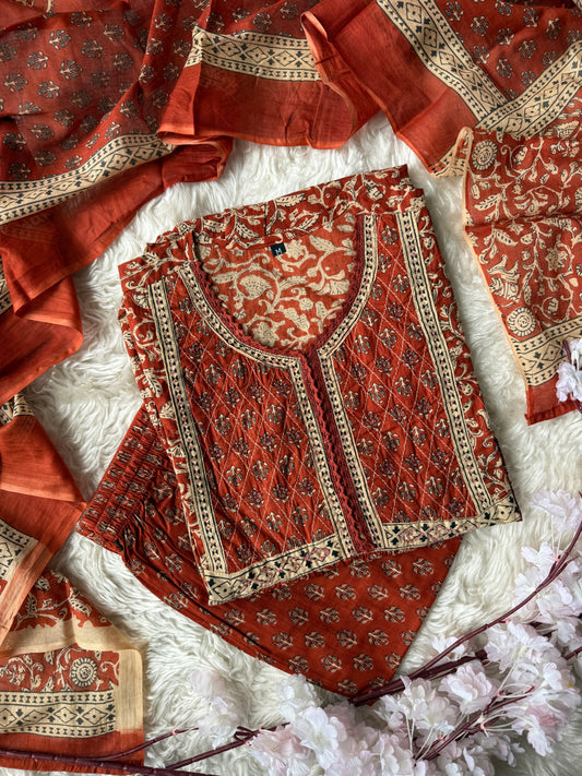 Jaipuri Print A-Line Kurti Pant Dupatta Set