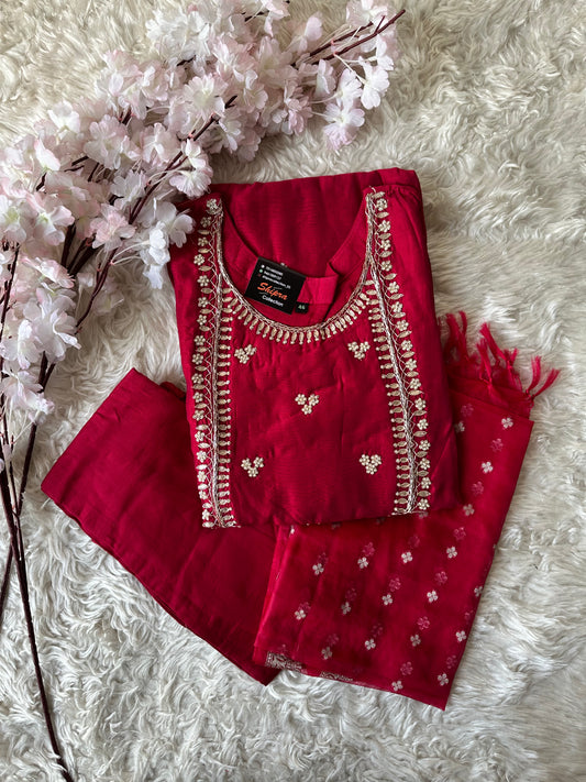 Plus Chanderi Silk Kurti Pant Dupatta Set