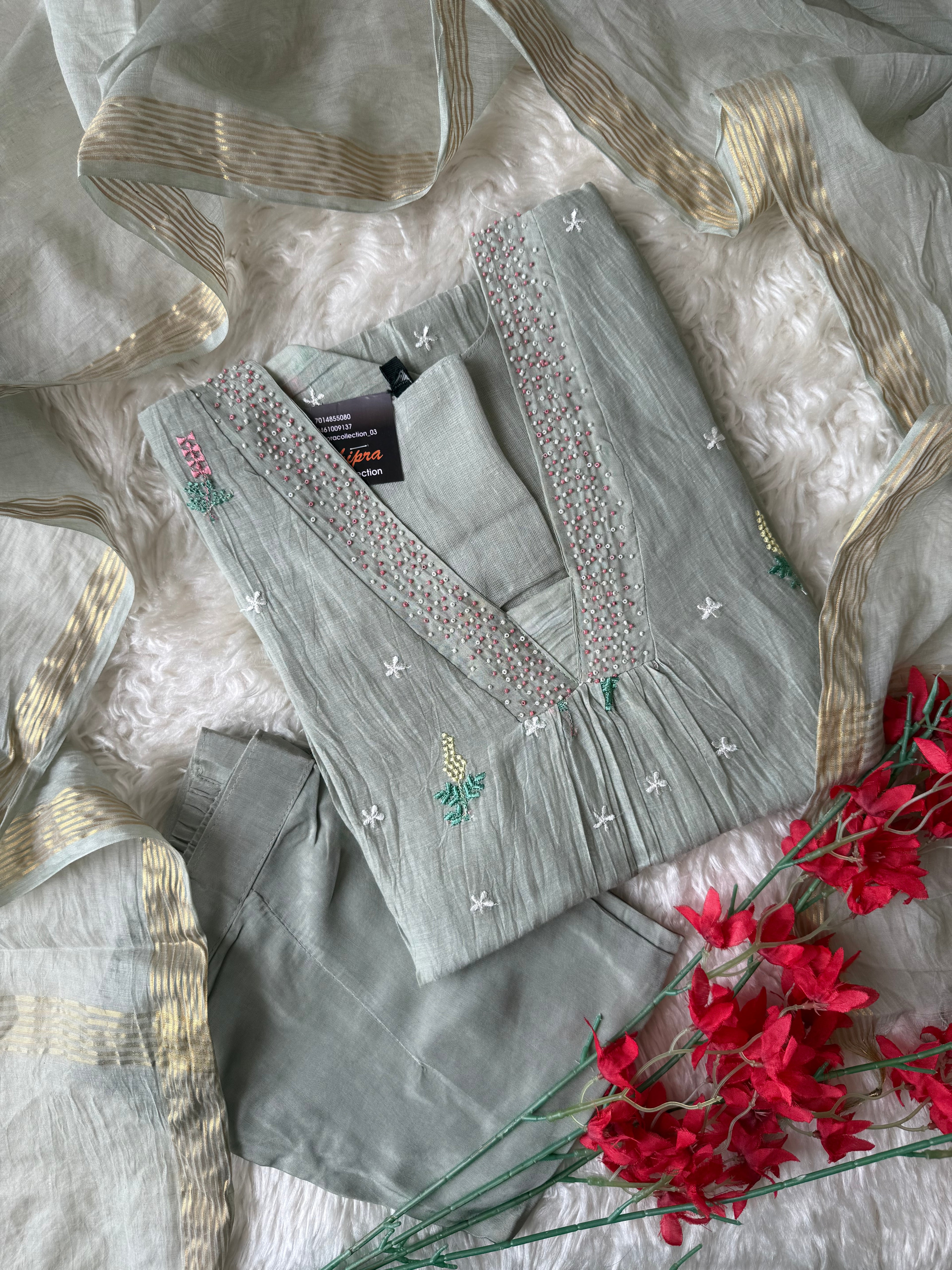 Pure Mul Chanderi Kurti Pant Dupatta Set