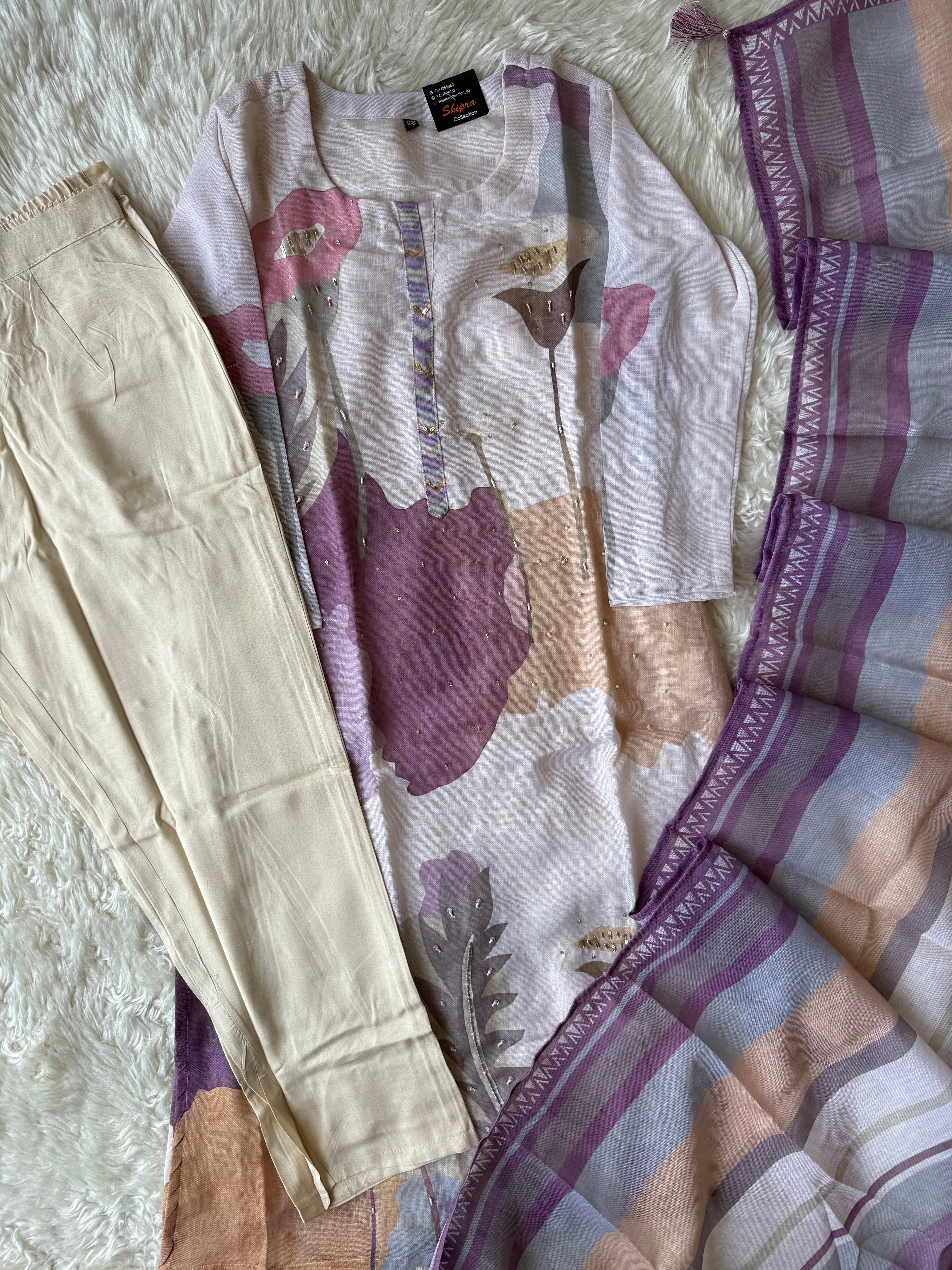Linen Kurti Pant Dupatta Set