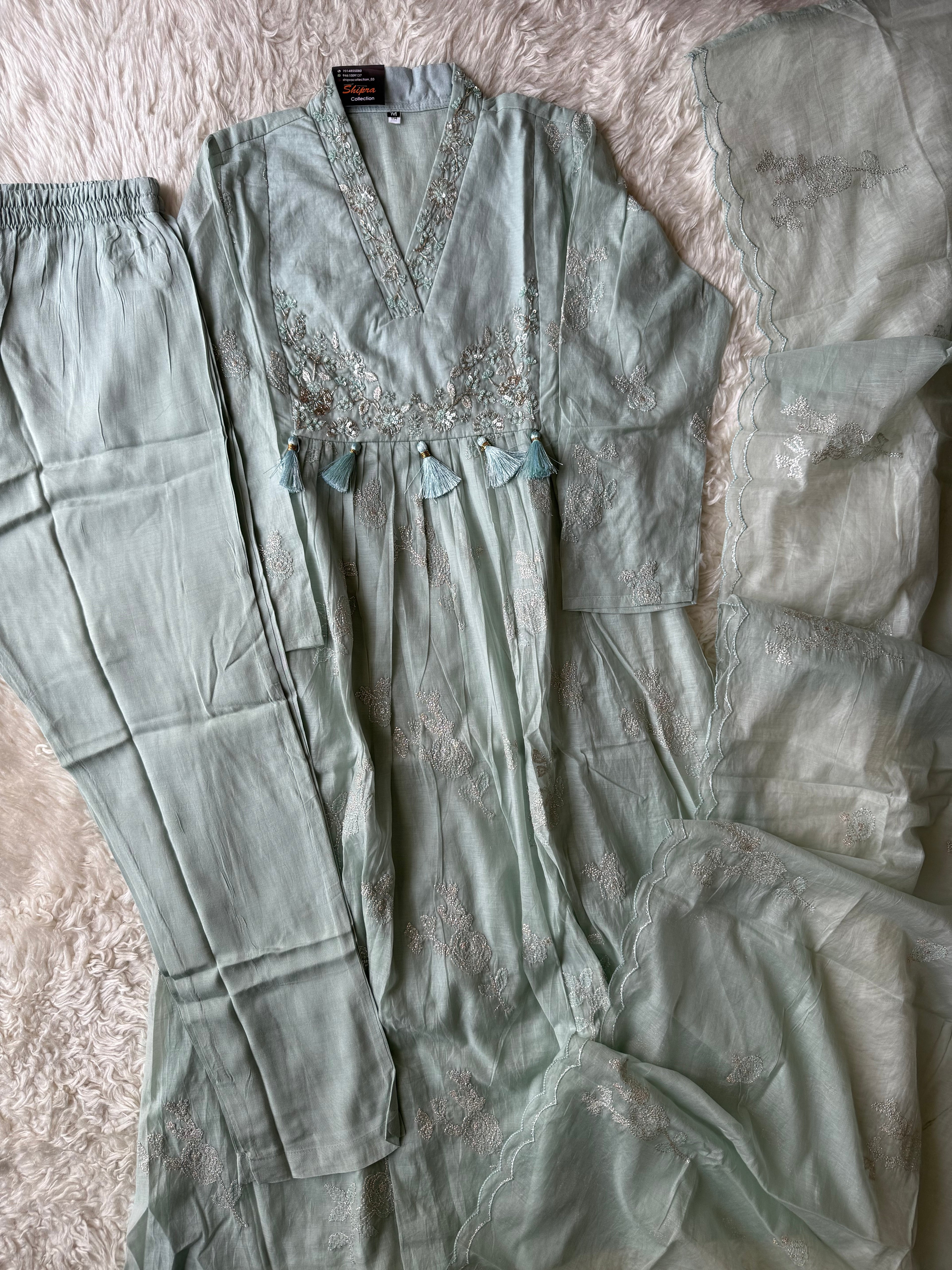 Pure Mul Chanderi Kurti Pant Dupatta Set