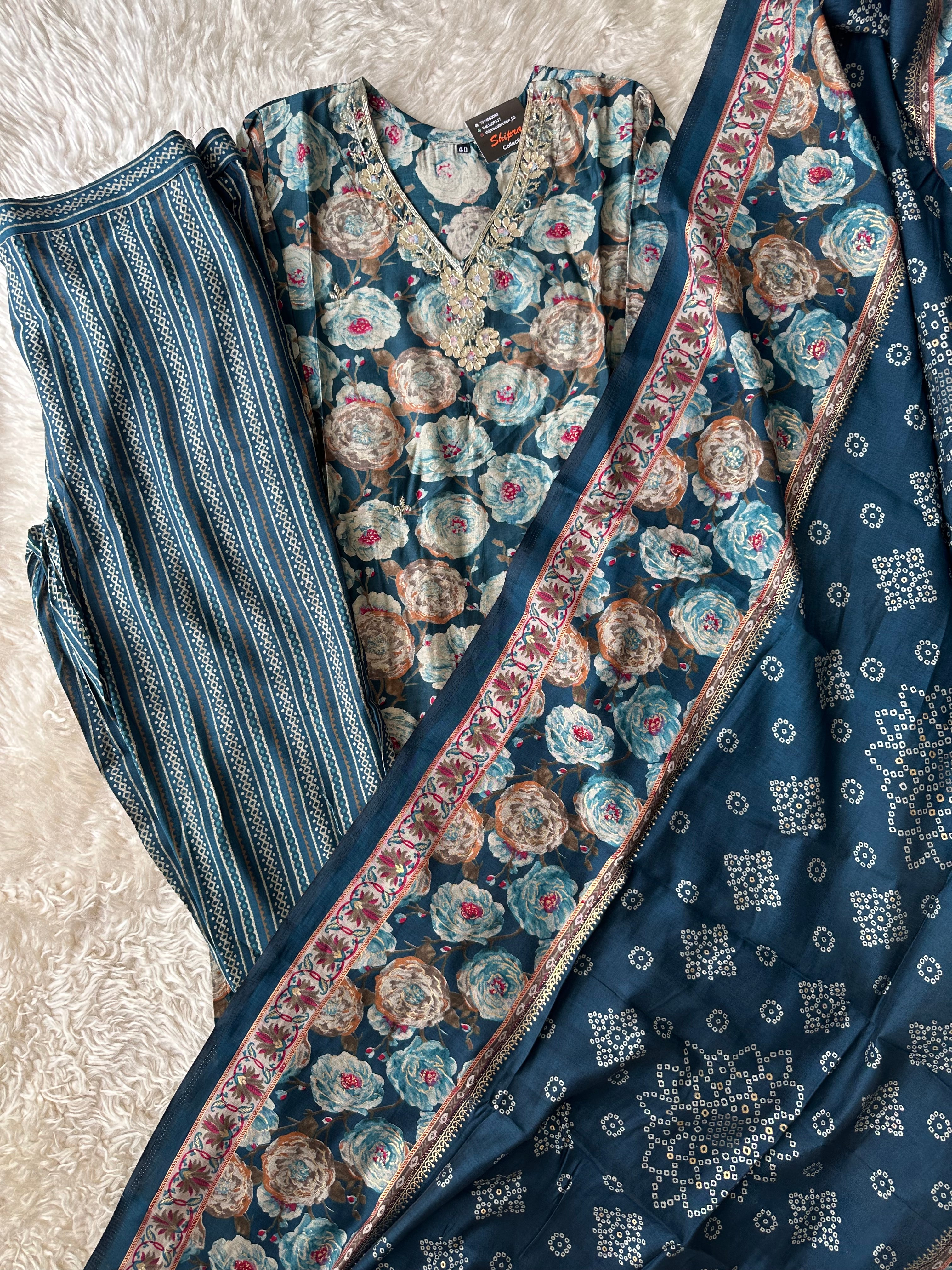 Muslin Silk Kurti Pant Dupatta Set