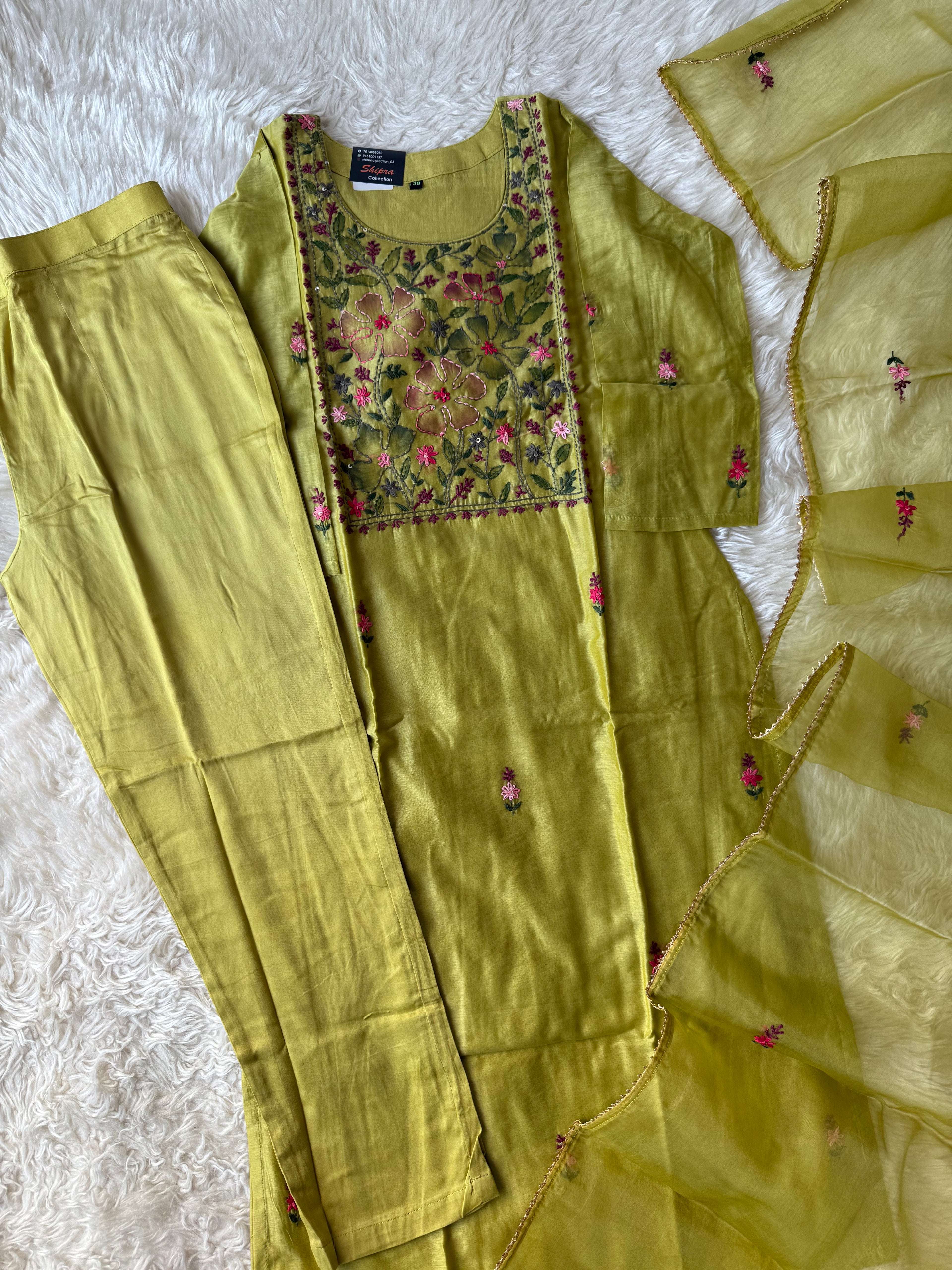 Pure Chanderi Silk Kurti Pant Dupatta Set