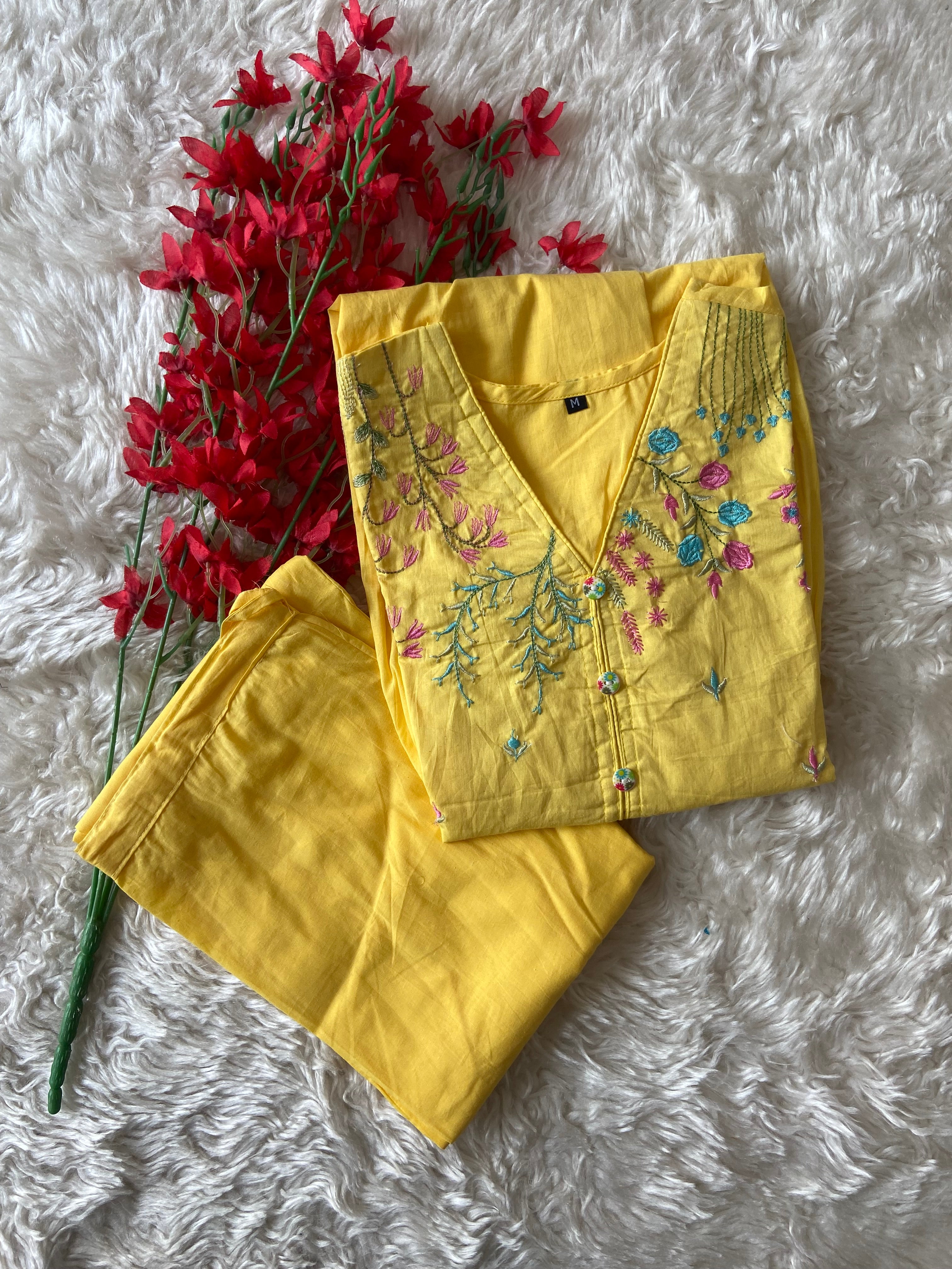 Cotton Thread Work Kurti Pant Set