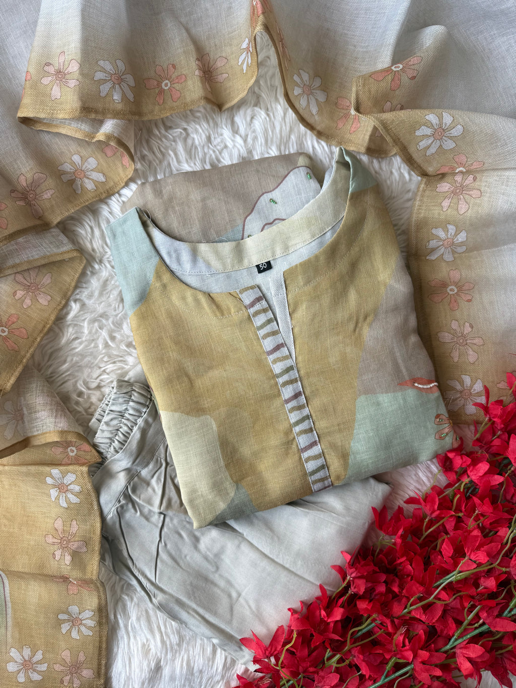 “Plus Size” Linen Kurti Pant Dupatta Set
