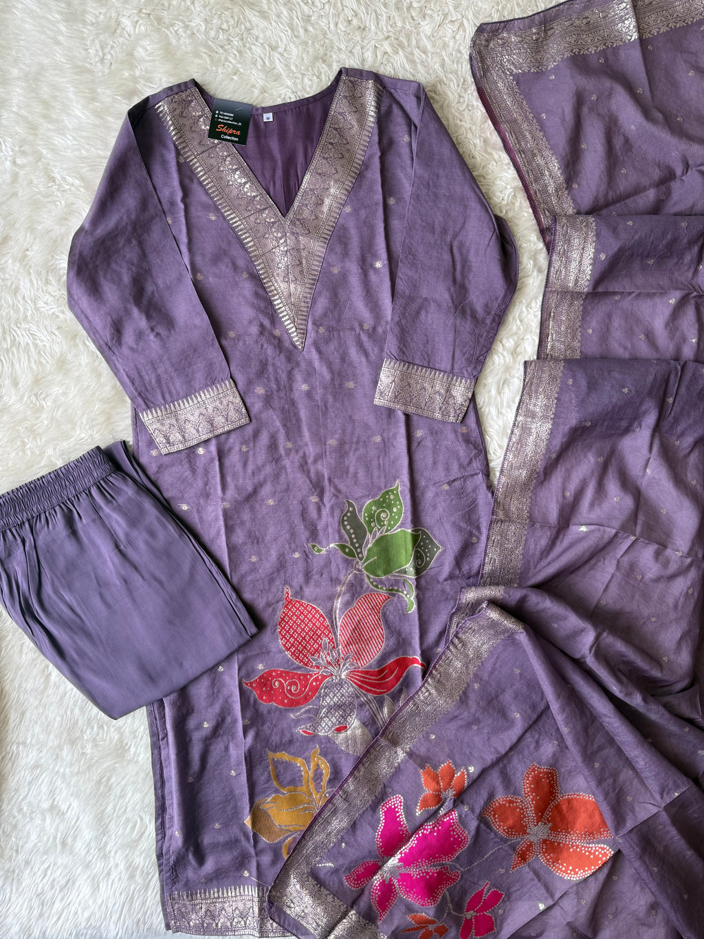 Pure Muslin Silk Kurti Pant Dupatta Set