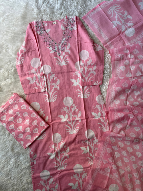 Breathable Cotton Kurti Pant Cotton Dupatta Set