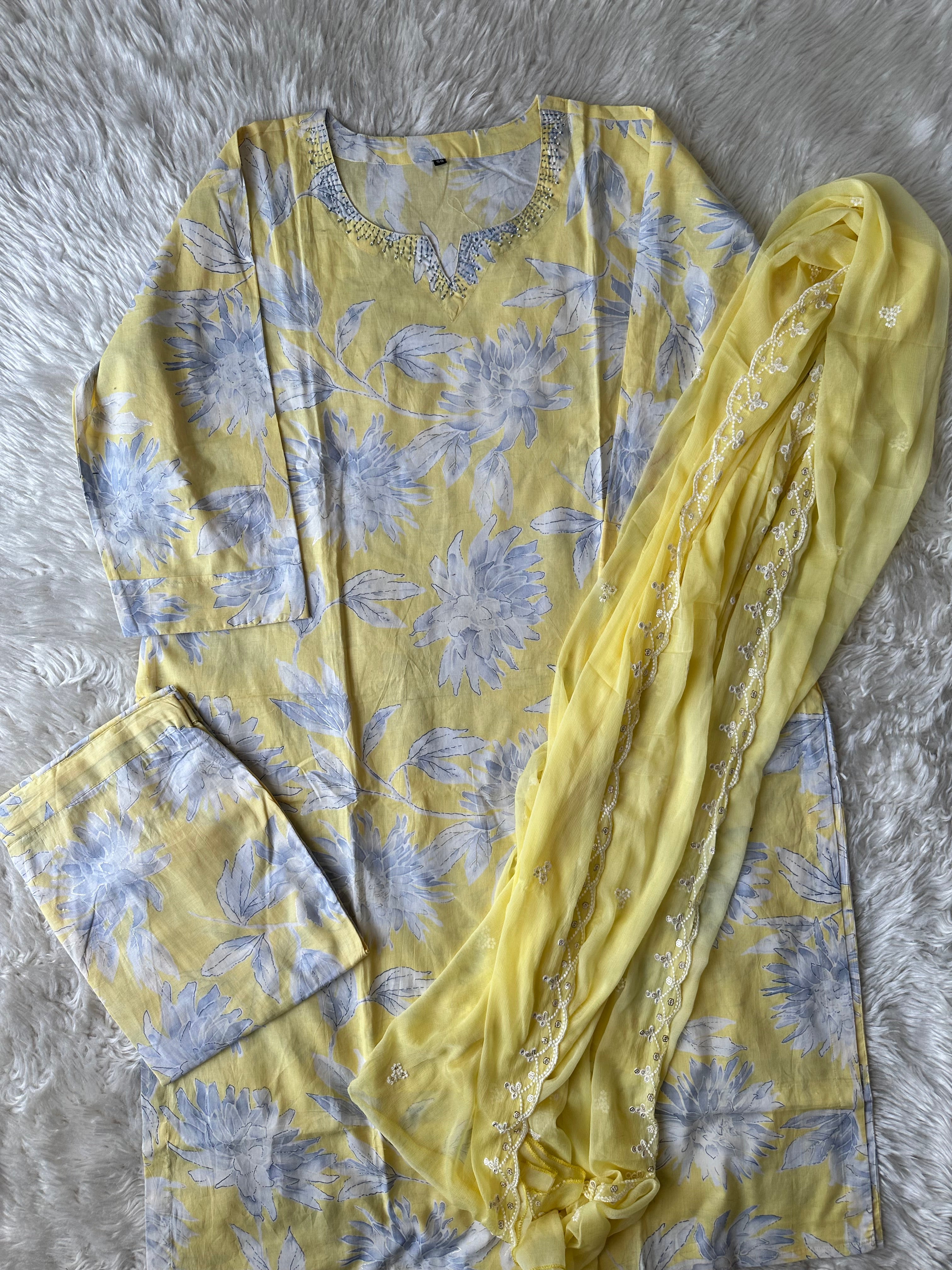 Premium Cotton Kurti Pant Chiffon Dupatta Set