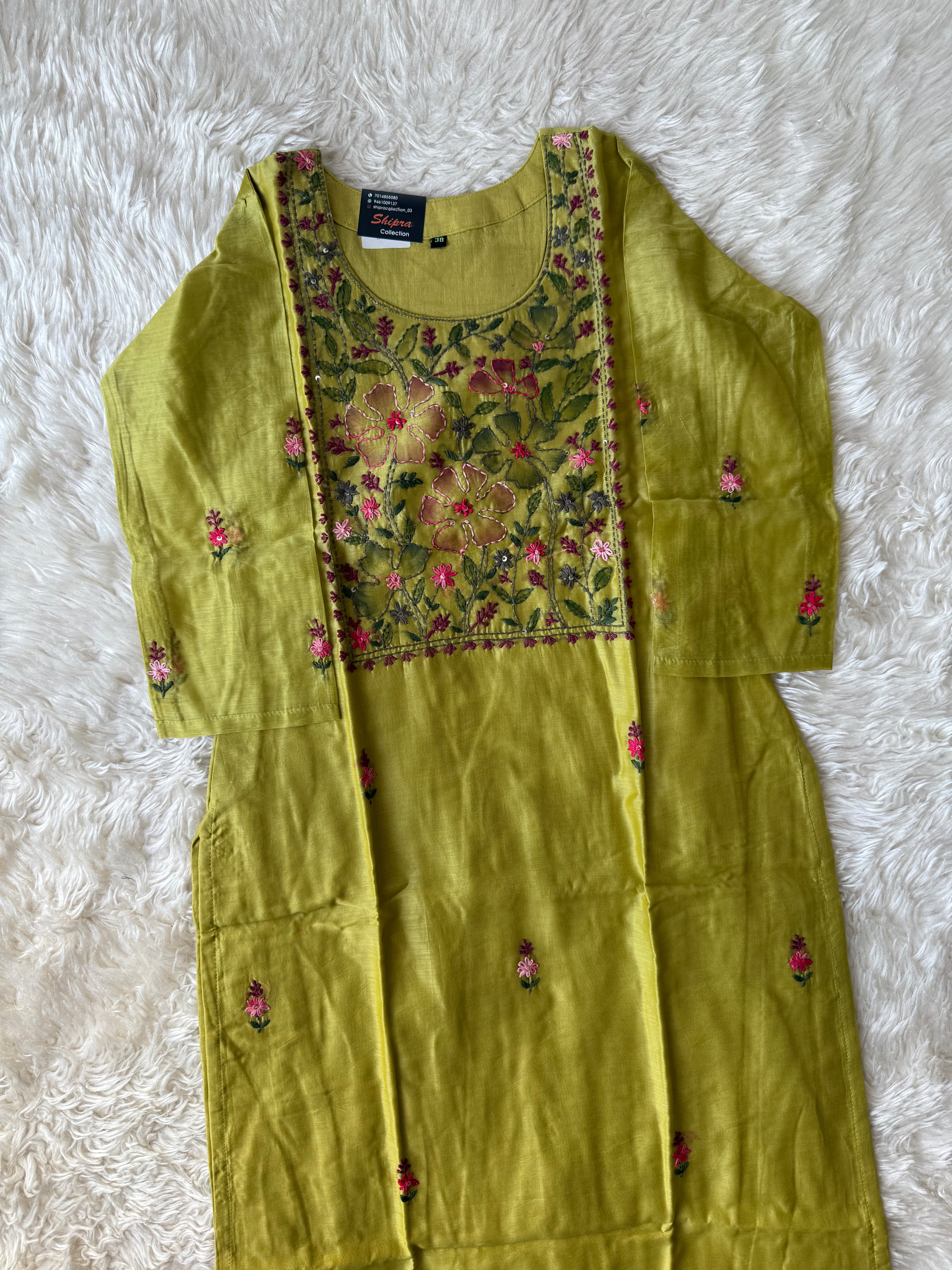 Pure Chanderi Silk Kurti Pant Dupatta Set