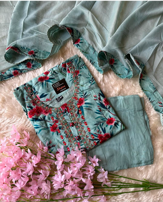 Stock Clearance 🚨
 Premium Muslin Silk Kurti Pant Dupatta Set