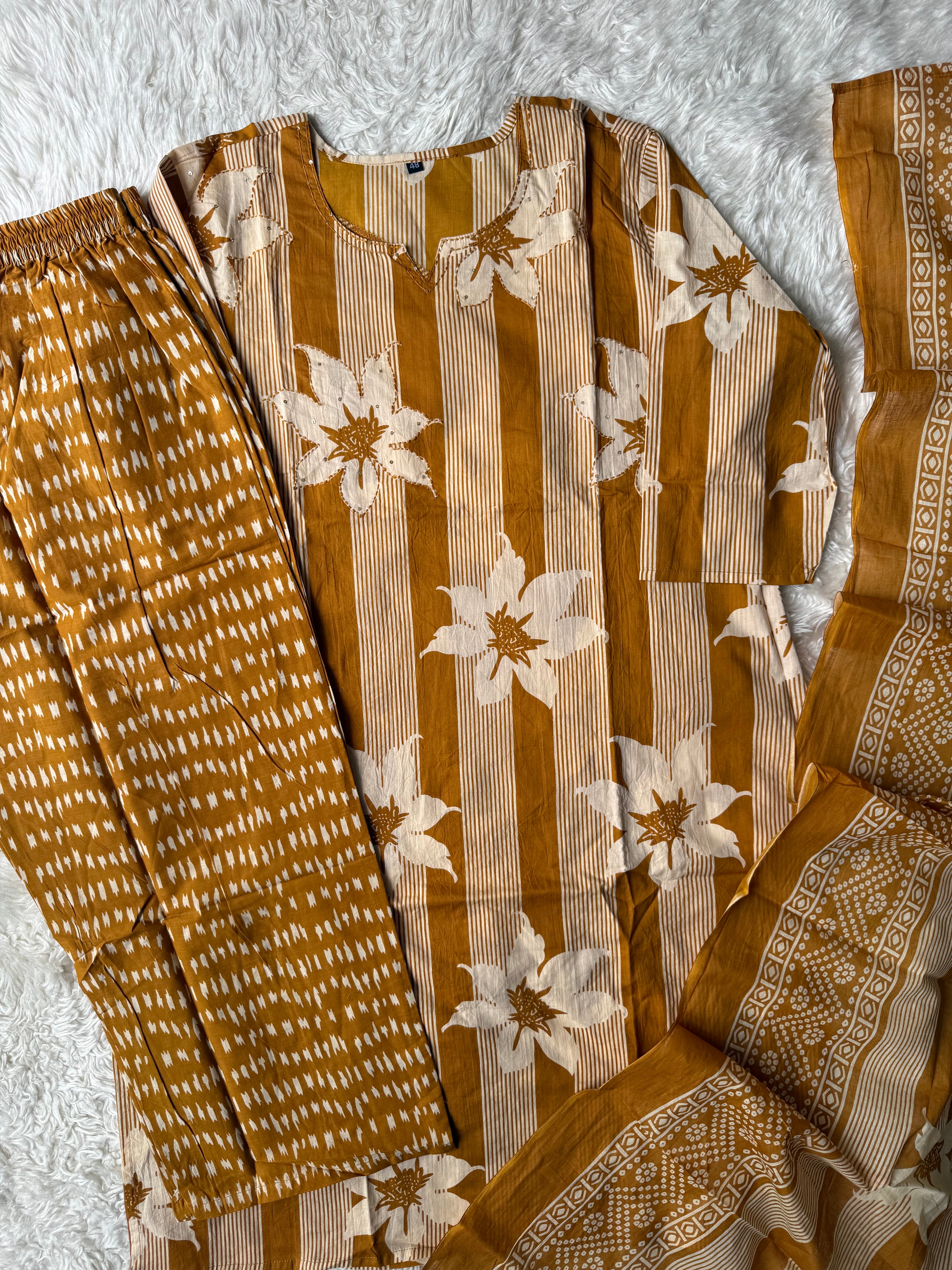 Pure Cotton Kurti Pant Dupatta Set