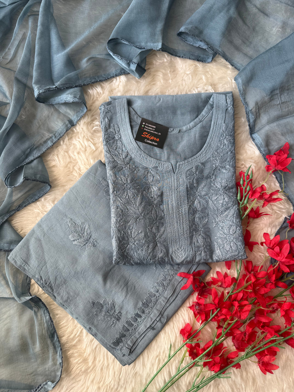 Chanderi Silk Chikankari Kurti Pant Dupatta Set