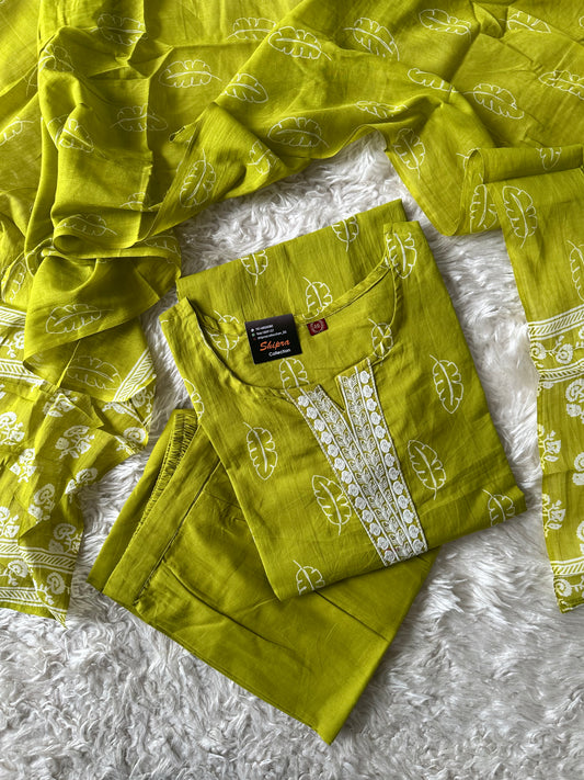 Pure Cotton Kurti Pant Dupatta Set