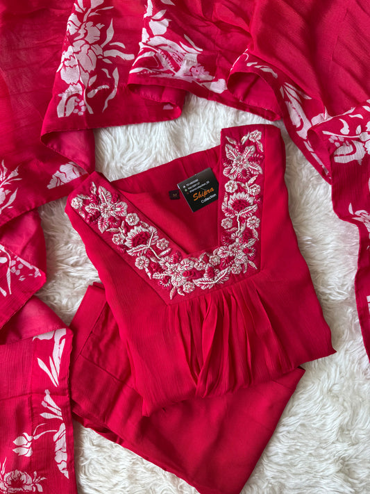 Pure Chinon Kurti Pant Dupatta Set