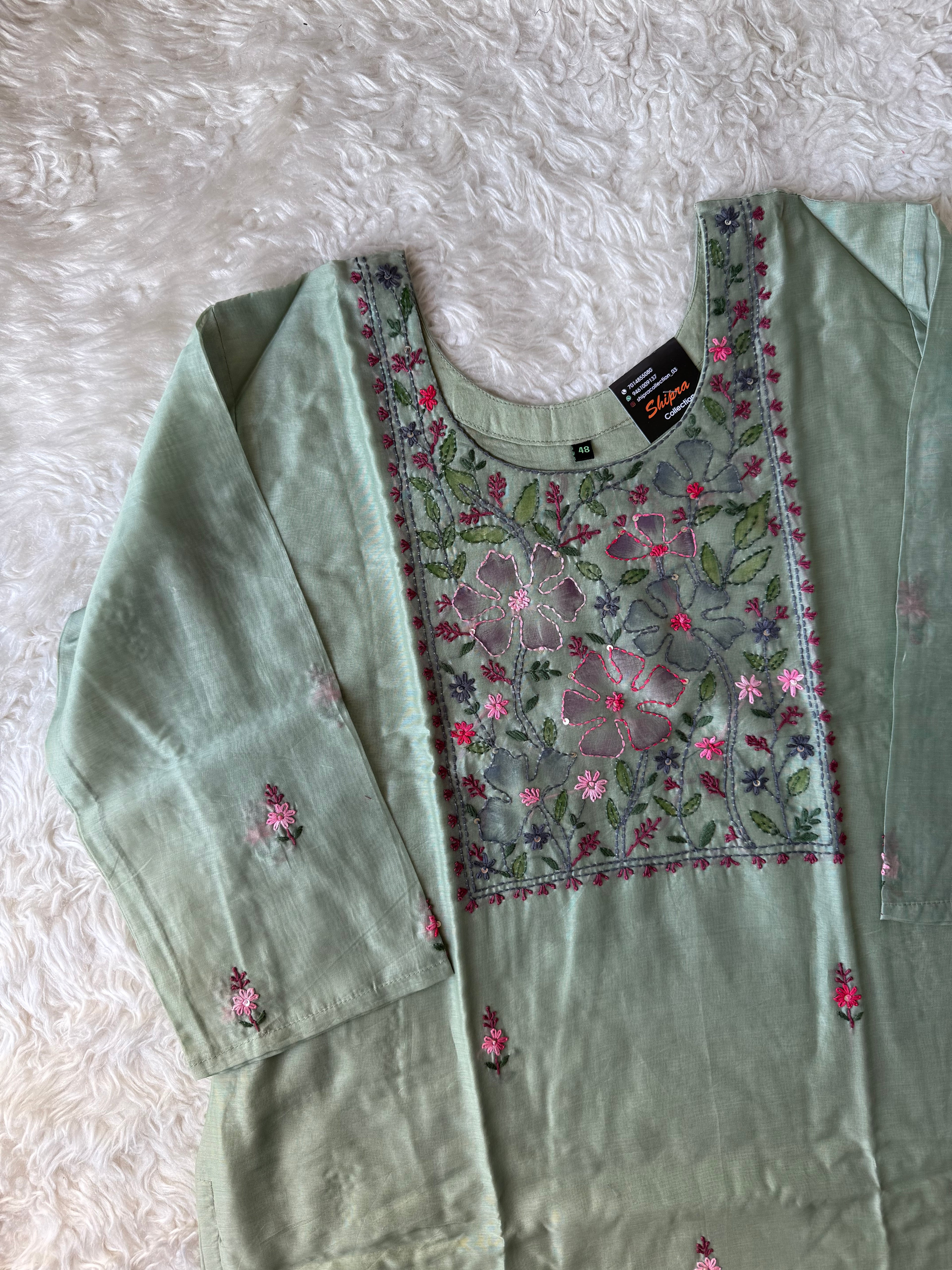 “Plus Size” Pure Chanderi Silk Kurti Pant Dupatta Set