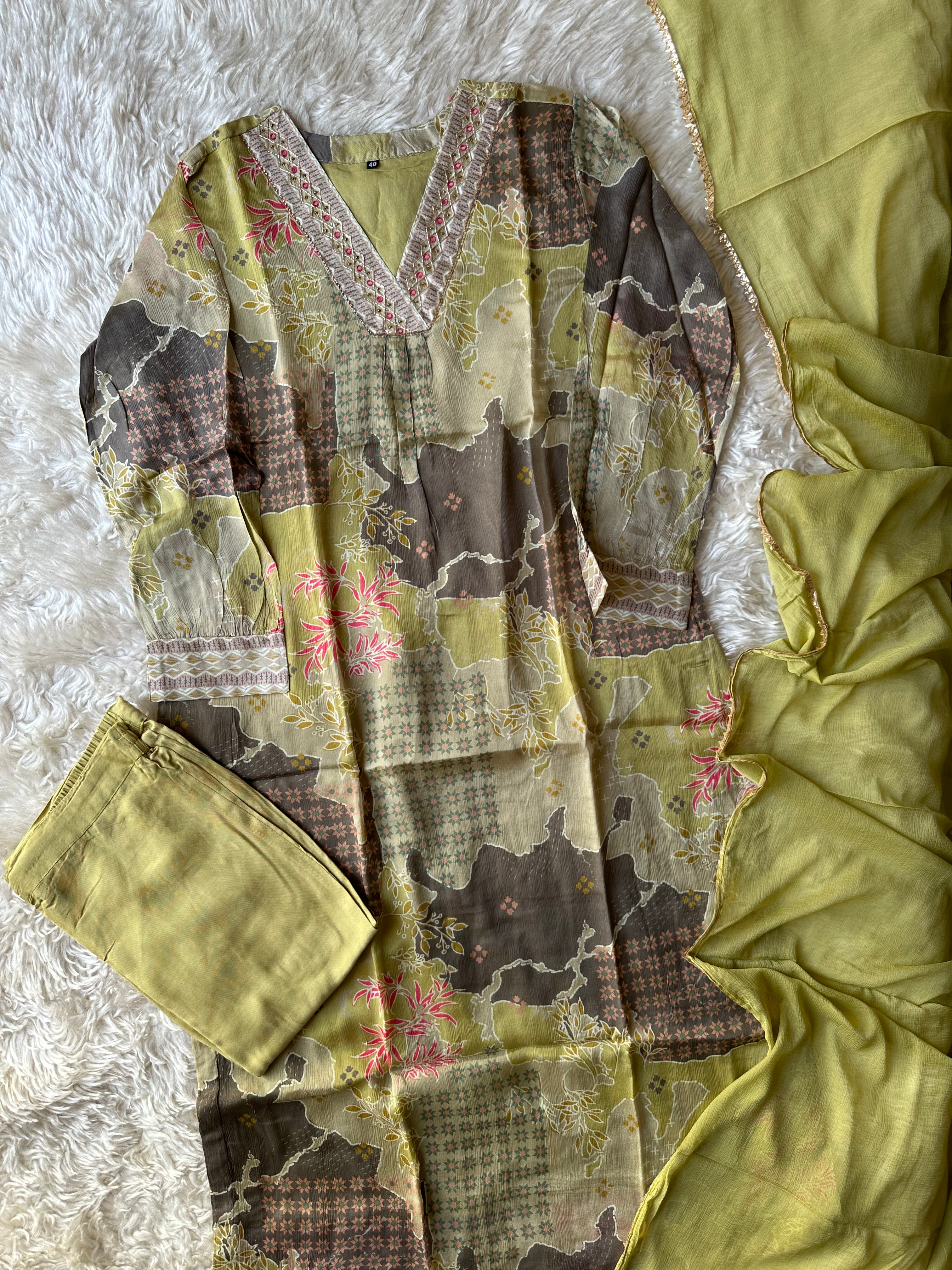 Chinon Kurti Afghani Pant Dupatta Set
