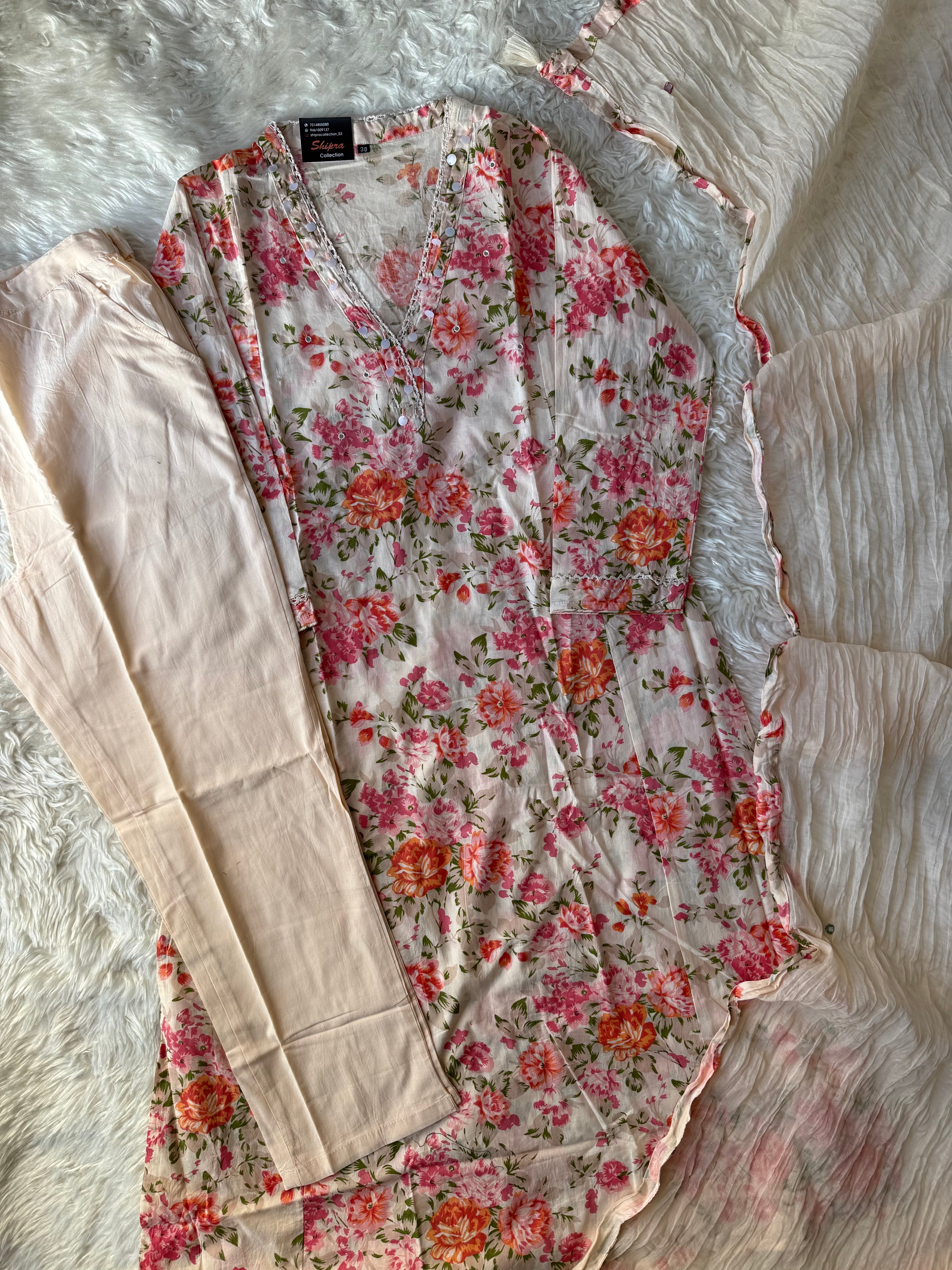 Premium Cotton Aline Kurti Pant Dupatta Set