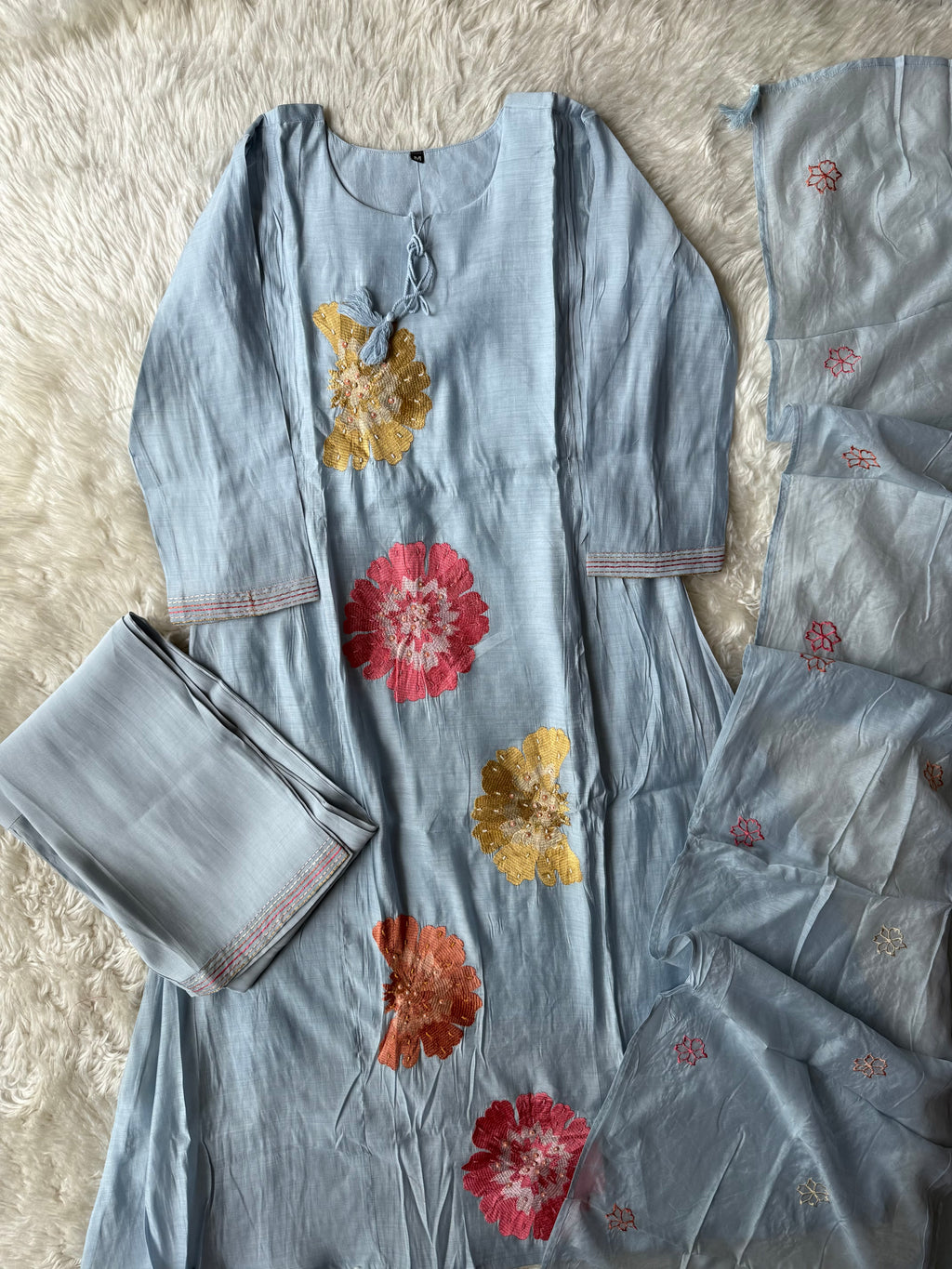 Mul Chanderi Kurti Pant Dupatta Set