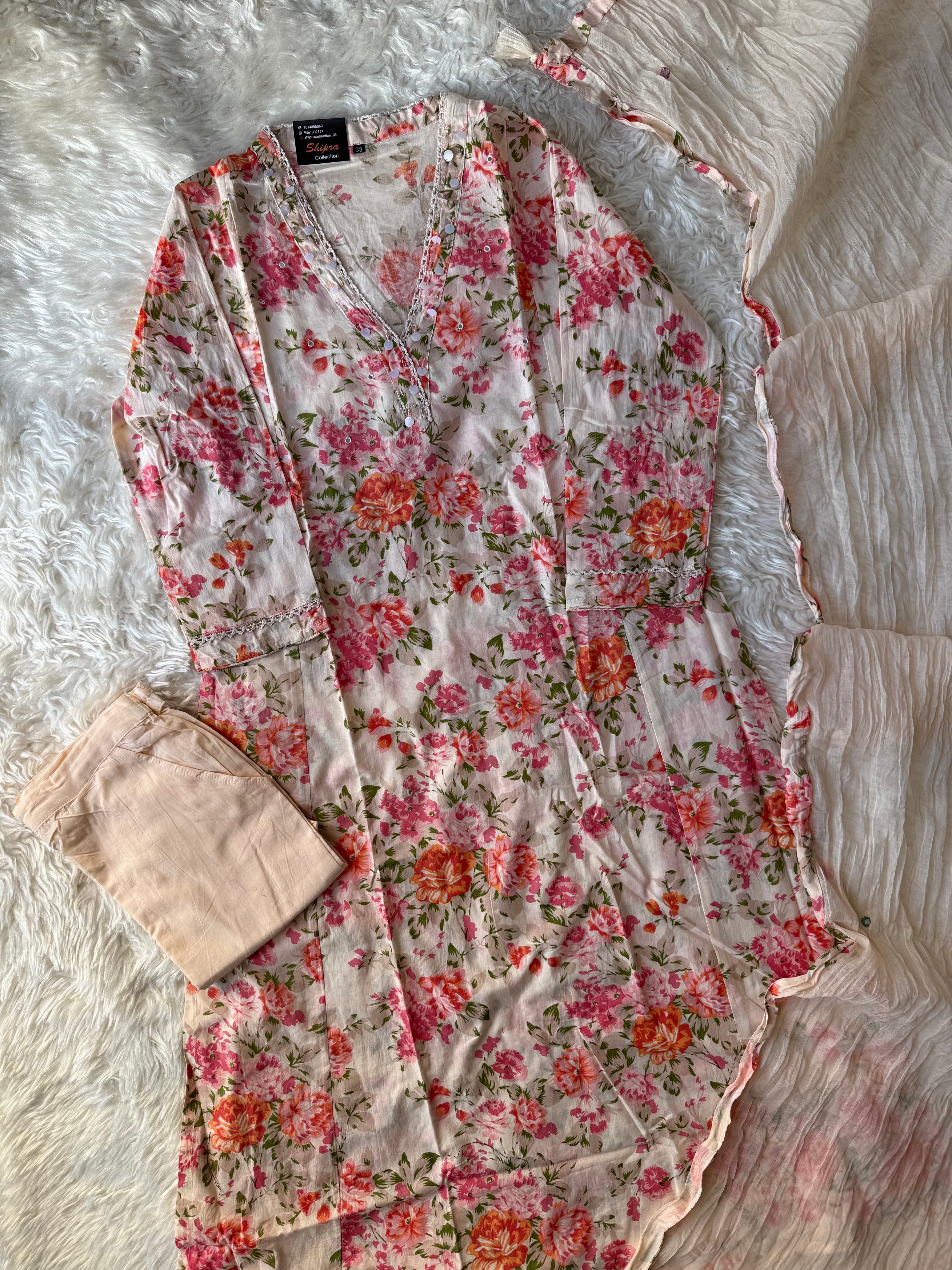 Premium Cotton Aline Kurti Pant Dupatta Set