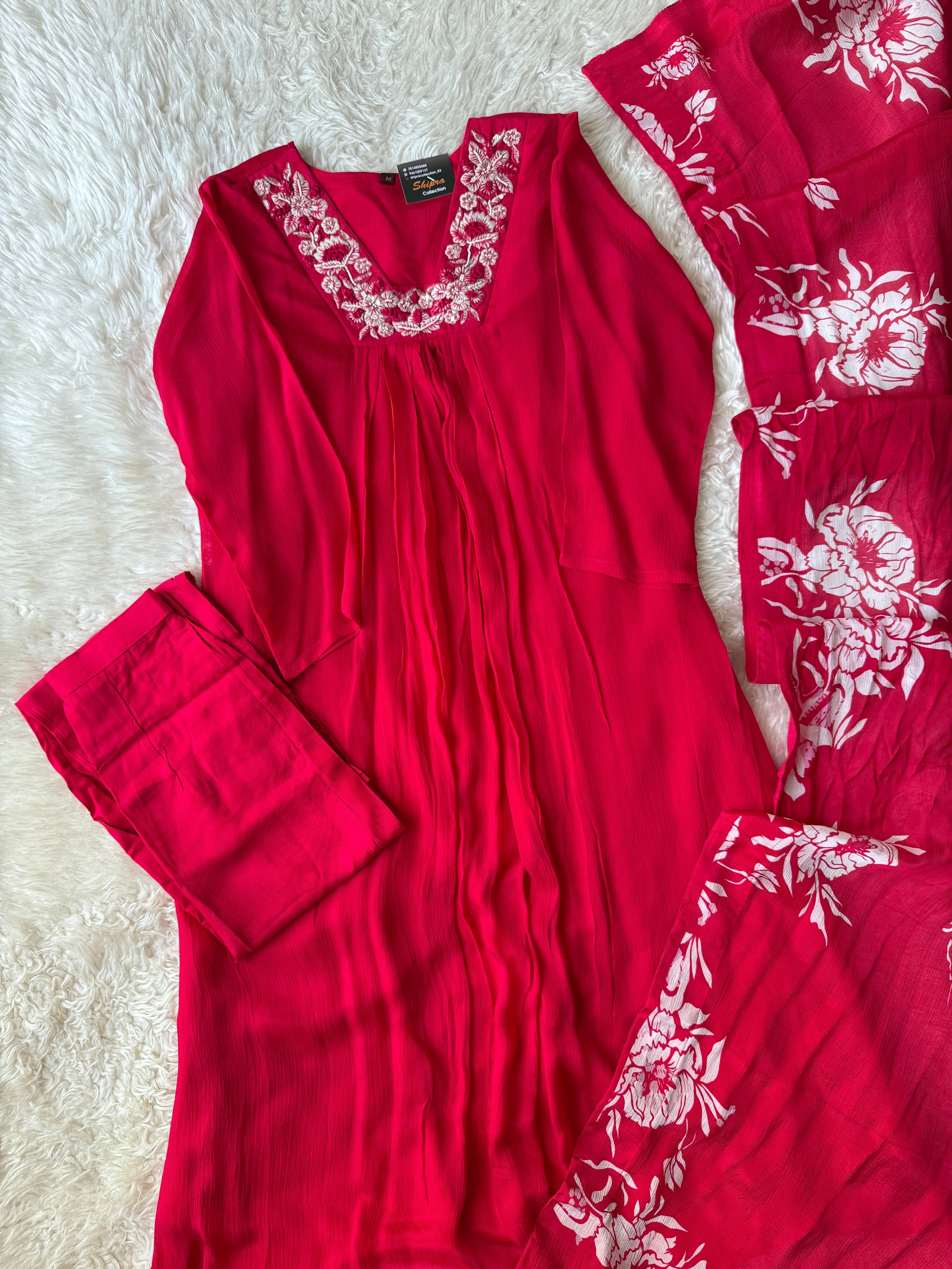 Pure Chinon Kurti Pant Dupatta Set