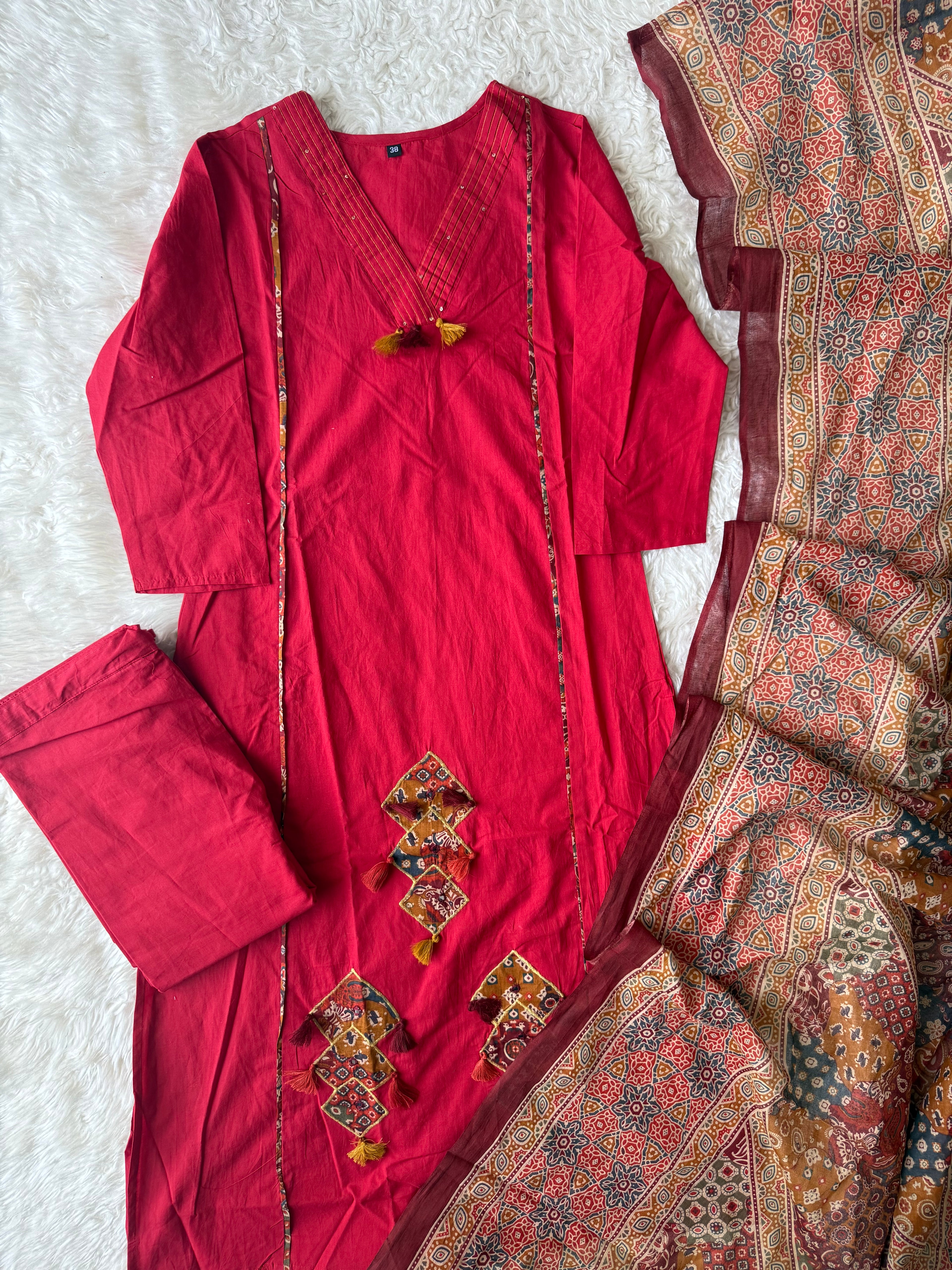 Pure Cotton Aline Kurti Plazo Dupatta Set