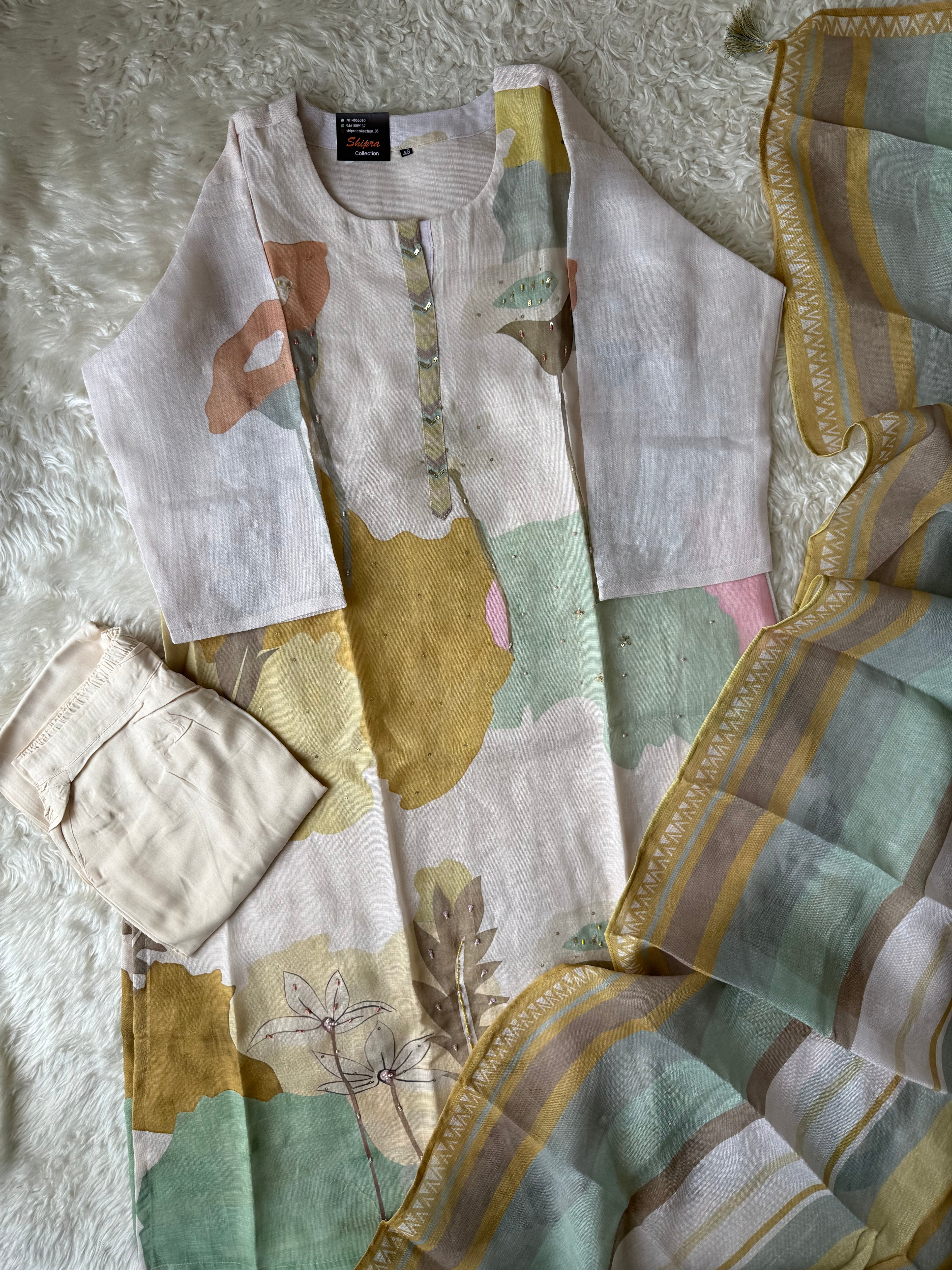 “Plus Size” Linen Kurti Pant Dupatta Set