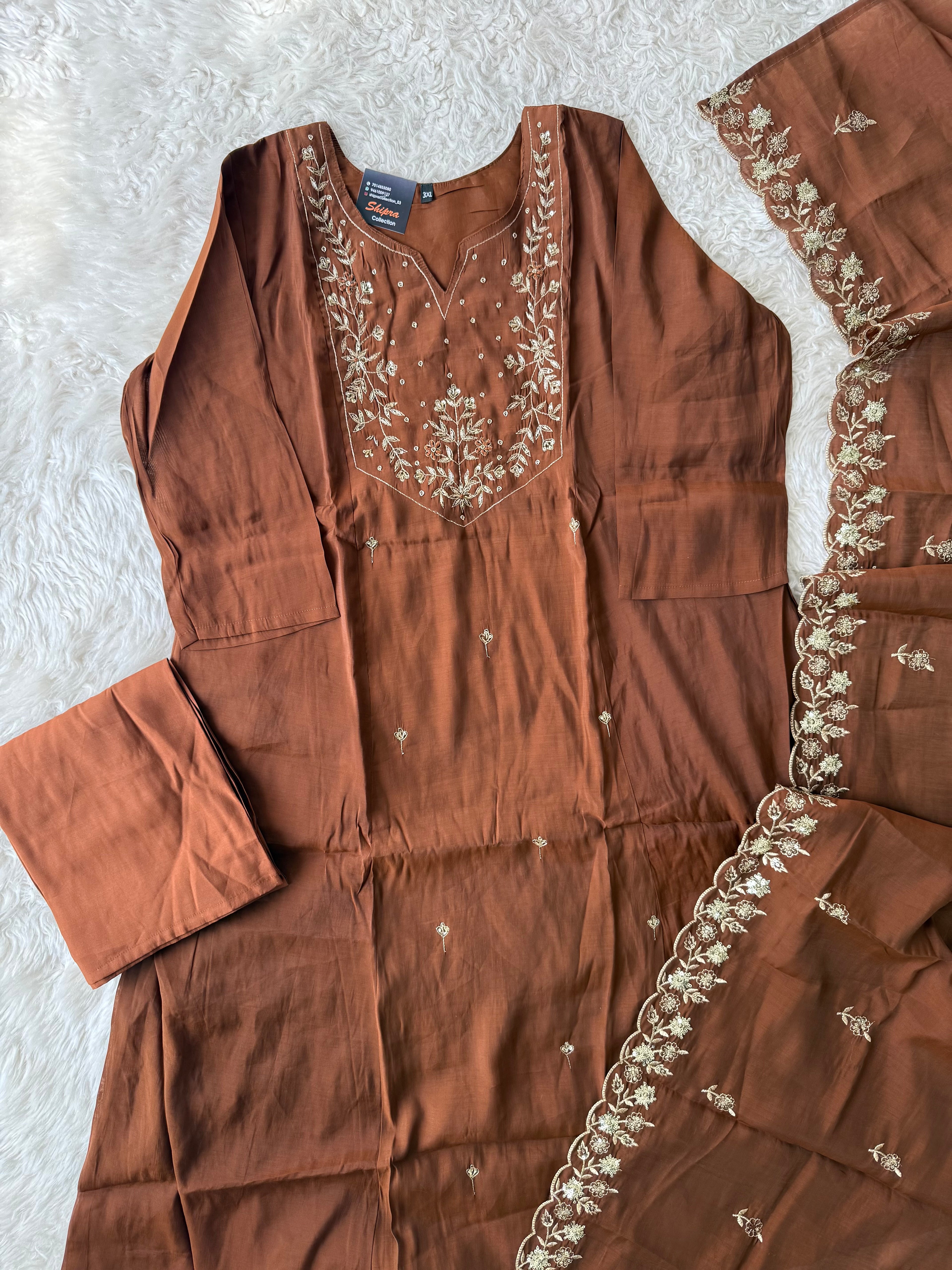 “ Plus Size” Muslin Silk Kurti Pant Dupatta Set