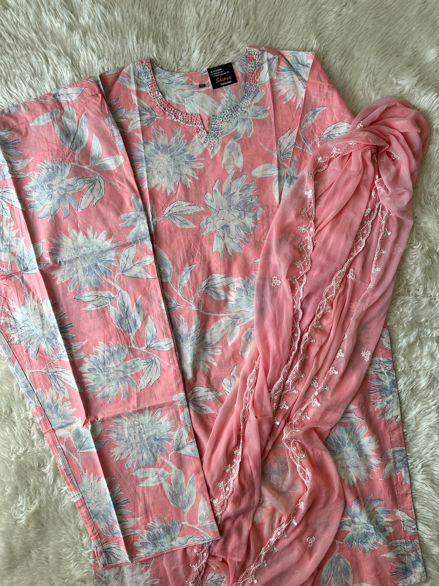 Breathable Cotton Kurti Pant Chiffon Dupatta Set