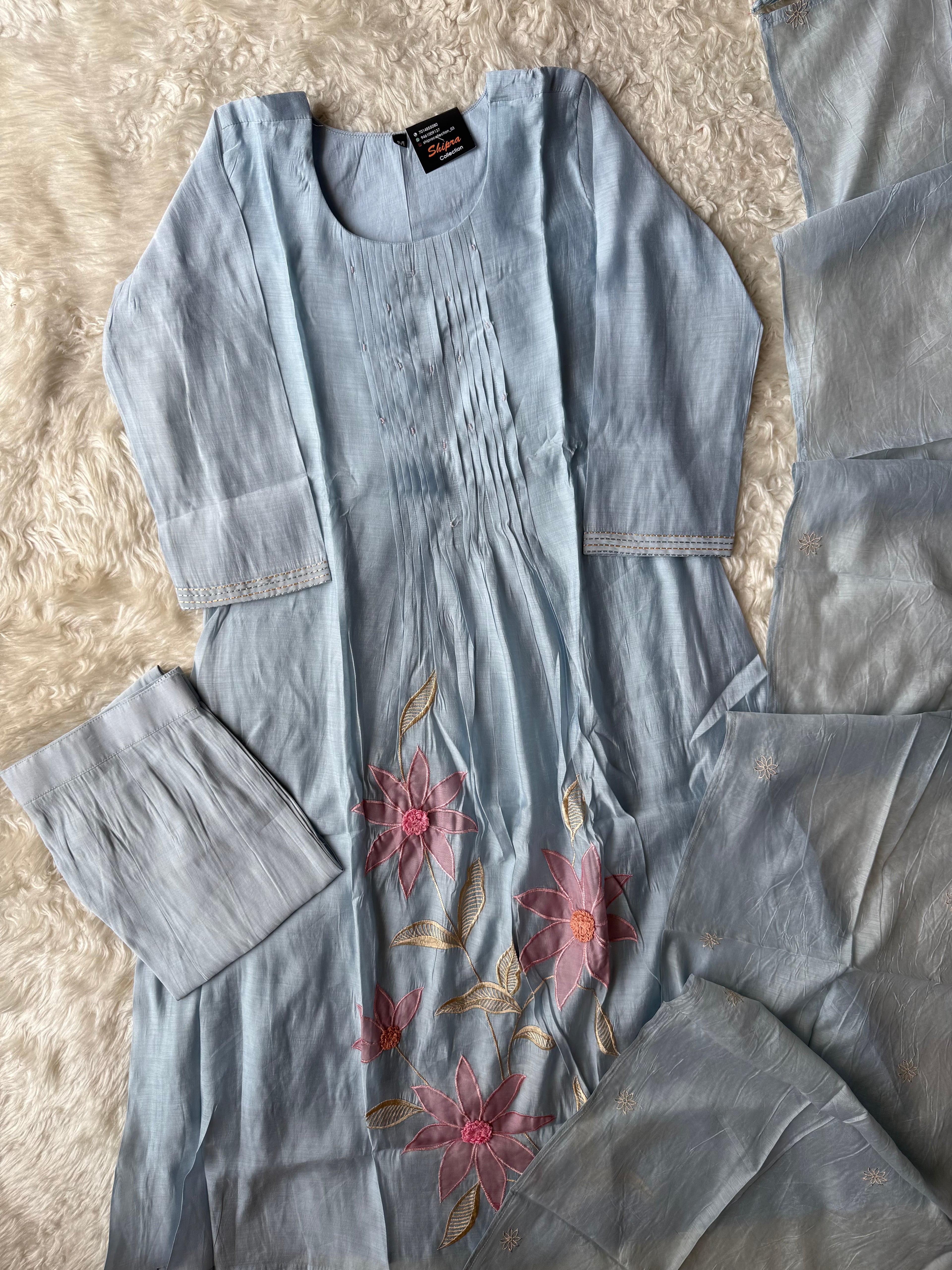 Mul Chanderi Kurti Pant Dupatta Set