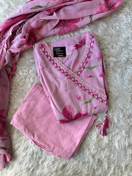Premium Cotton ANARKALI Kurti Pant Dupatta Set