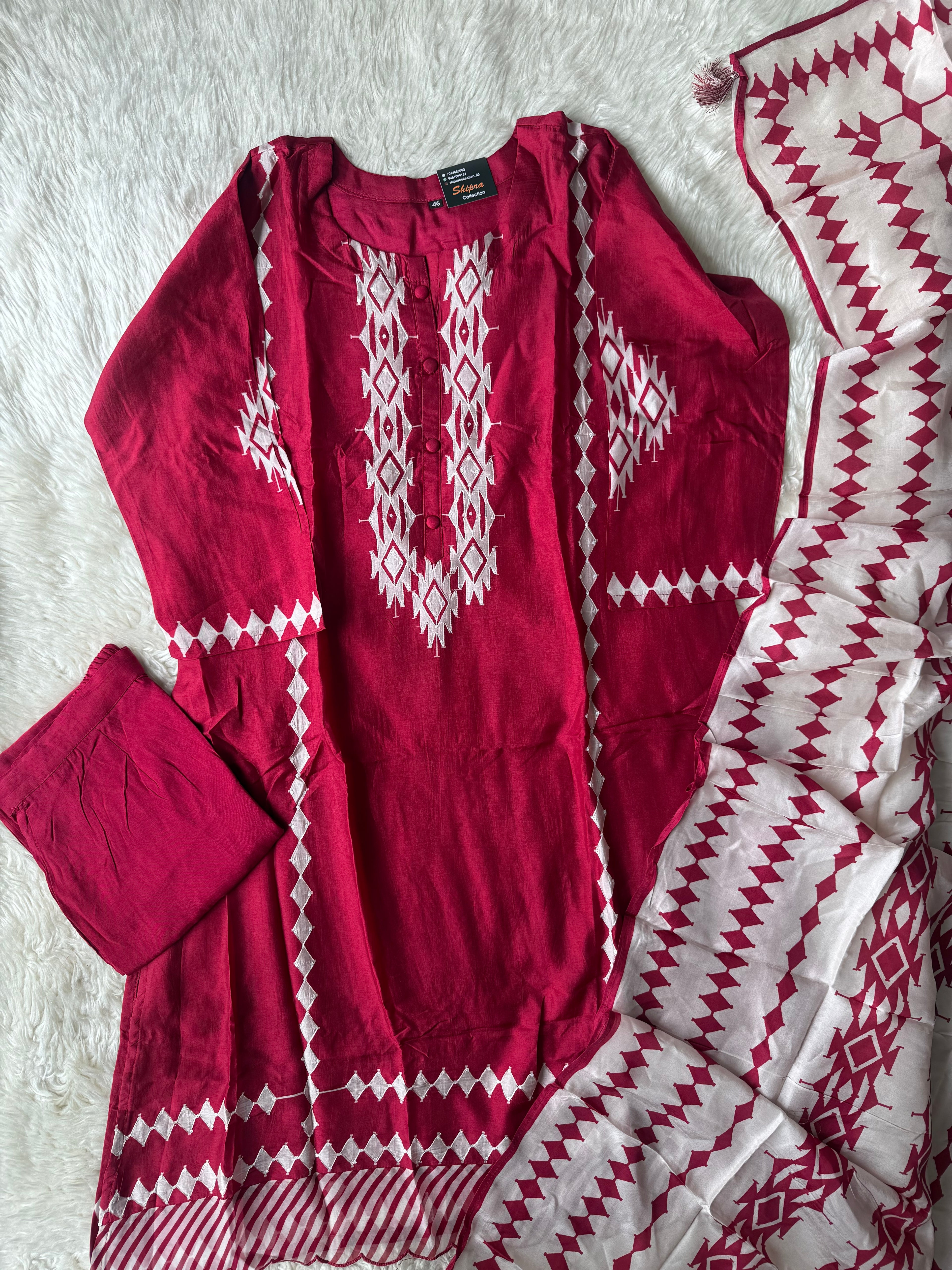 “ Plus Size” Butter Silk Kurti Pant Dupatta Set