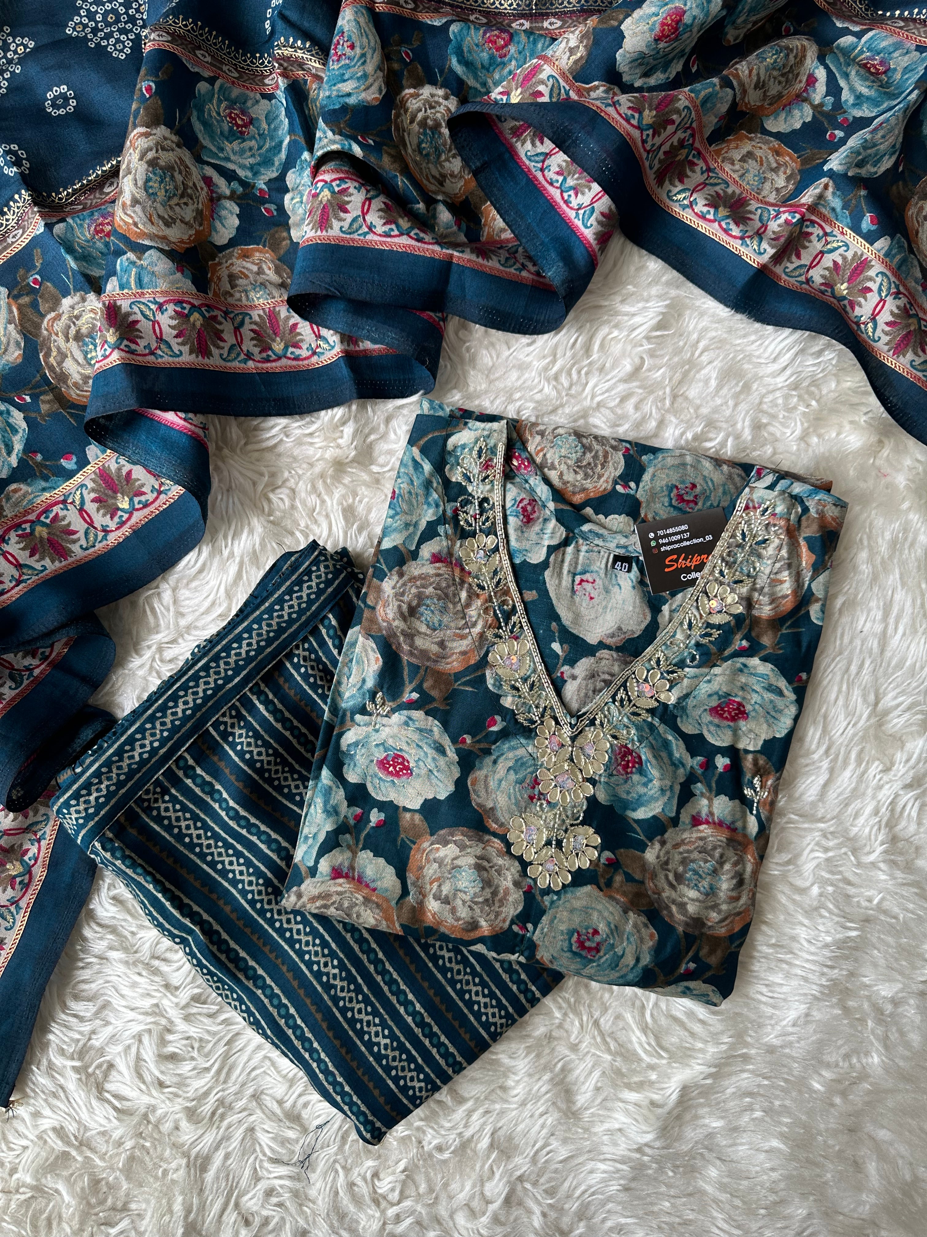 Muslin Silk Kurti Pant Dupatta Set