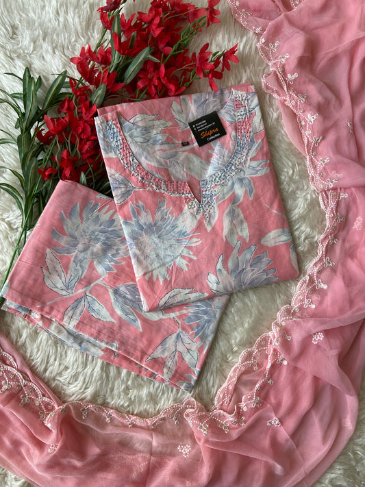 Breathable Cotton Kurti Pant Chiffon Dupatta Set