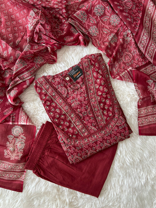 Premium Cotton ANARKALI Kurti Pant Dupatta Set