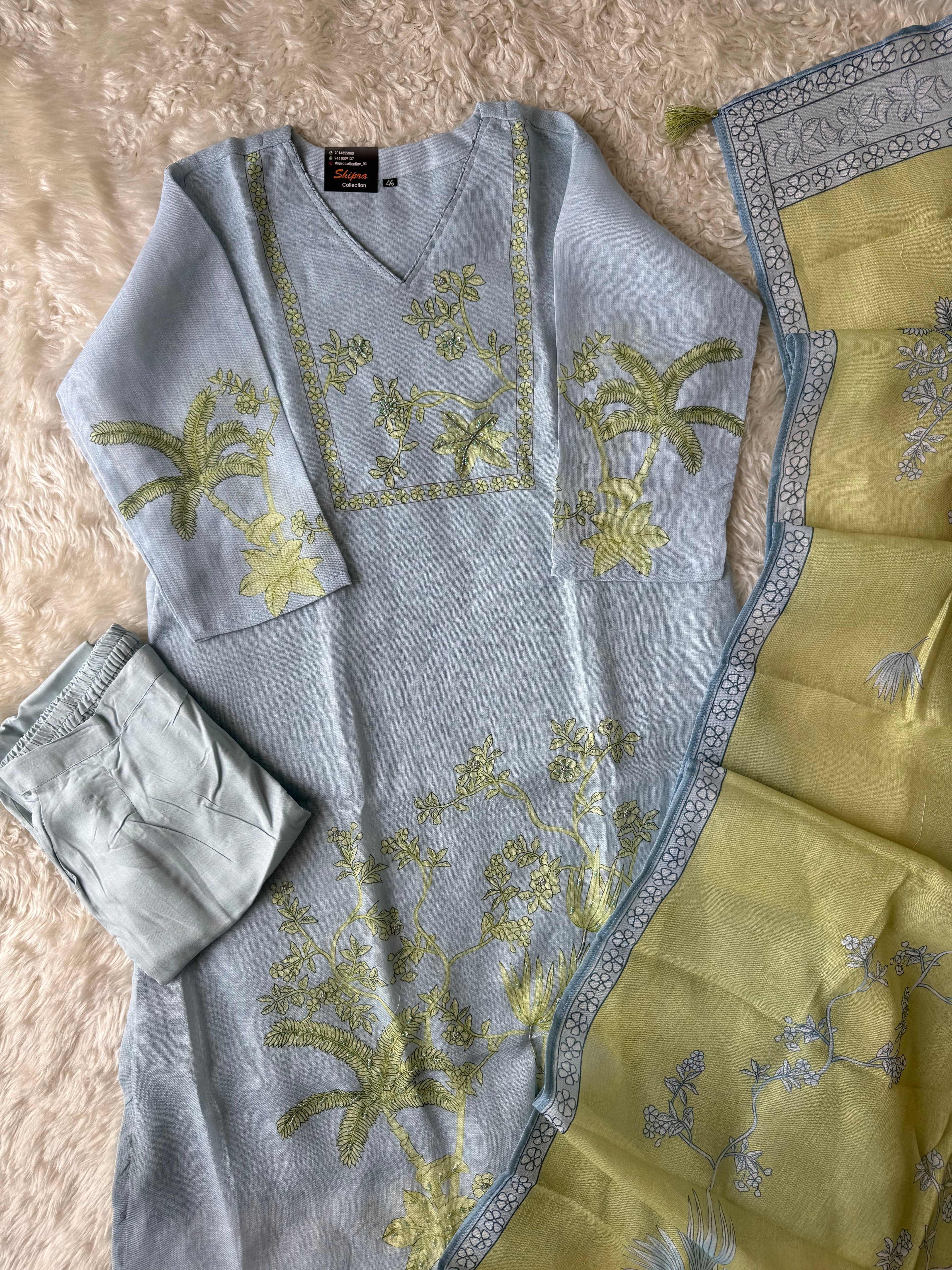 “Plus Size” Linen Kurti Pant Dupatta Set